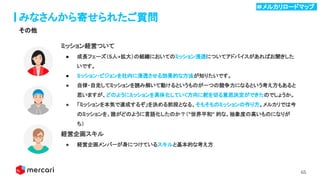 65
みなさんから寄せられたご質問
ミッション経営ついて
● 成長フェーズ（5人→拡大）の組織においてのミッション浸透についてアドバイスがあればお聞きした
いです。
● ミッション・ビジョンを社内に浸透させる効果的な方法が知りたいです。
● 自律・自走してミッションを読み解いて動けるというものが一つの競争力になるという考え方もあると
思いますが、どのようにミッションを具体化していく方向に舵を切る意思決定ができたのでしょうか。
● 「ミッションを本気で達成するぞ」を決める前段となる、そもそものミッションの作り方。メルカリでは今
のミッションを、誰がどのように言語化したのか？（"世界平和" 的な、抽象度の高いものになりが
ち）
経営企画スキル
● 経営企画メンバーが身につけているスキルと基本的な考え方
その他
＃メルカリロードマップ .
 