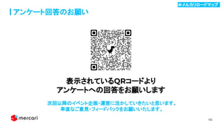 66
アンケート回答のお願い
表示されているQRコードより
アンケートへの回答をお願いします
次回以降のイベント企画・運営に活かしていきたいと思います。
率直なご意見・フィードバックをお願いいたします。
＃メルカリロードマップ .
 