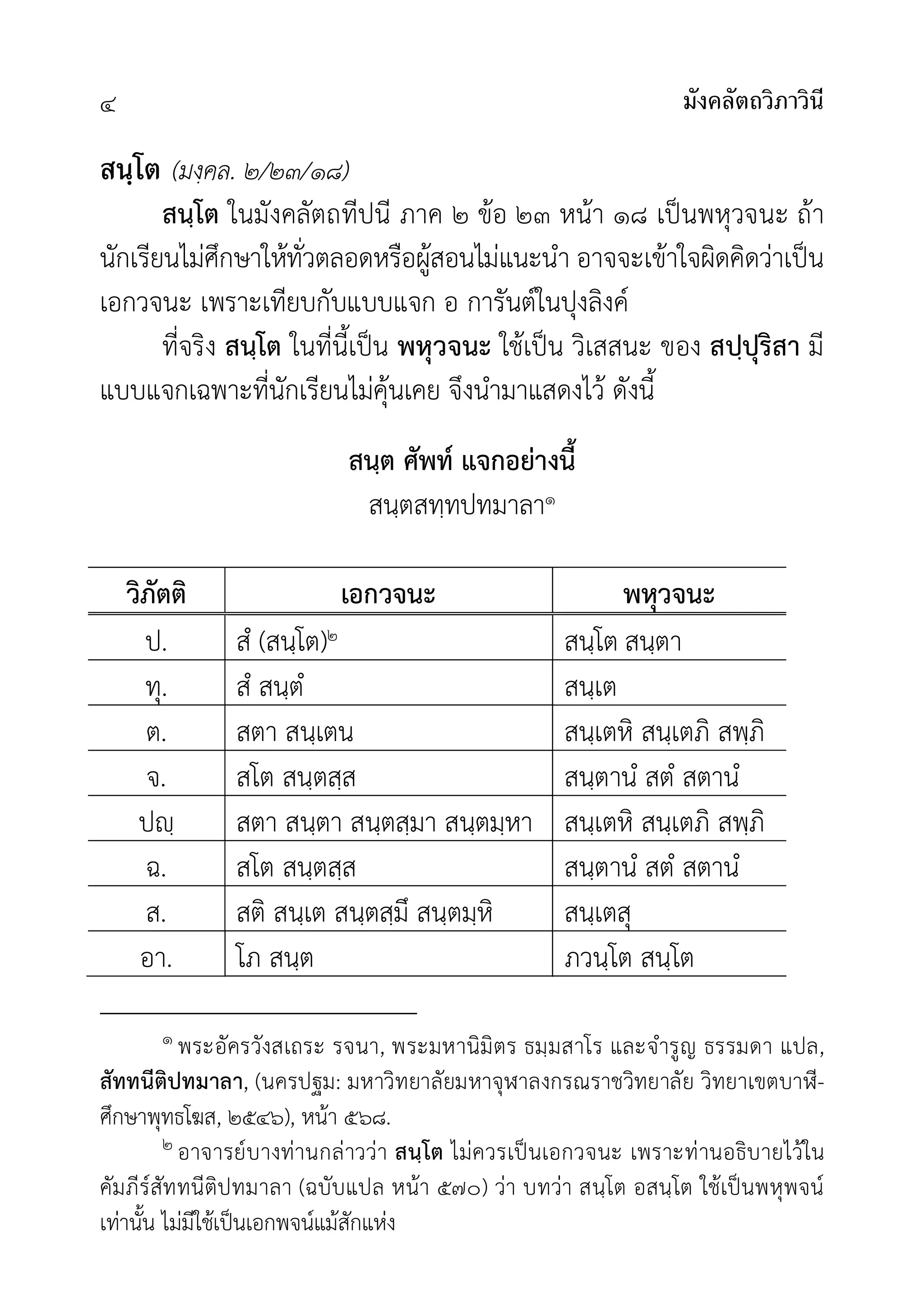 มังคลัตถวิภาวินี
๔
สนฺโต (มงฺคล. ๒/๒๓/๑๘)
สนฺโต ในมังคลัตถทีปนี ภาค ๒ ขอ ๒๓ หนา ๑๘ เปนพหุวจนะ ถา
นักเรียนไมศึกษาใหทั่วตลอดหรือผูสอนไมแนะนำ อาจจะเขาใจผิดคิดวาเปน
เอกวจนะ เพราะเทียบกับแบบแจก อ การันตในปุงลิงค
ที่จริง สนฺโต ในที่นี้เปน พหุวจนะ ใชเปน วิเสสนะ ของ สปฺปุริสา มี
แบบแจกเฉพาะที่นักเรียนไมคุนเคย จึงนำมาแสดงไว ดังนี้
สนฺต ศัพท แจกอยางนี้
สนฺตสทฺทปทมาลา๑
วิภัตติ เอกวจนะ พหุวจนะ
ป. สํ (สนฺโต)๒ สนฺโต สนฺตา
ทุ. สํ สนฺตํ สนฺเต
ต. สตา สนฺเตน สนฺเตหิ สนฺเตภิ สพฺภิ
จ. สโต สนฺตสฺส สนฺตานํ สตํ สตานํ
ปฺ สตา สนฺตา สนฺตสฺมา สนฺตมฺหา สนฺเตหิ สนฺเตภิ สพฺภิ
ฉ. สโต สนฺตสฺส สนฺตานํ สตํ สตานํ
ส. สติ สนฺเต สนฺตสฺมึ สนฺตมฺหิ สนฺเตสุ
อา. โภ สนฺต ภวนฺโต สนฺโต
๑ พระอัครวังสเถระ รจนา, พระมหานิมิตร ธมฺมสาโร และจำรูญ ธรรมดา แปล,
สัททนีติปทมาลา, (นครปฐม: มหาวิทยาลัยมหาจุฬาลงกรณราชวิทยาลัย วิทยาเขตบาี-
ศึกษาพุทธโฆส, ๒๕๔๖), หนา ๕๖๘.
๒ อาจารยบางทานกลาววา สนฺโต ไมควรเปนเอกวจนะ เพราะทานอธิบายไวใน
คัมภีรสัททนีติปทมาลา (ฉบับแปล หนา ๕๗๐) วา บทวา สนฺโต อสนฺโต ใชเปนพหุพจน
เทานั้น ไมมีใชเปนเอกพจนแมสักแหง
 