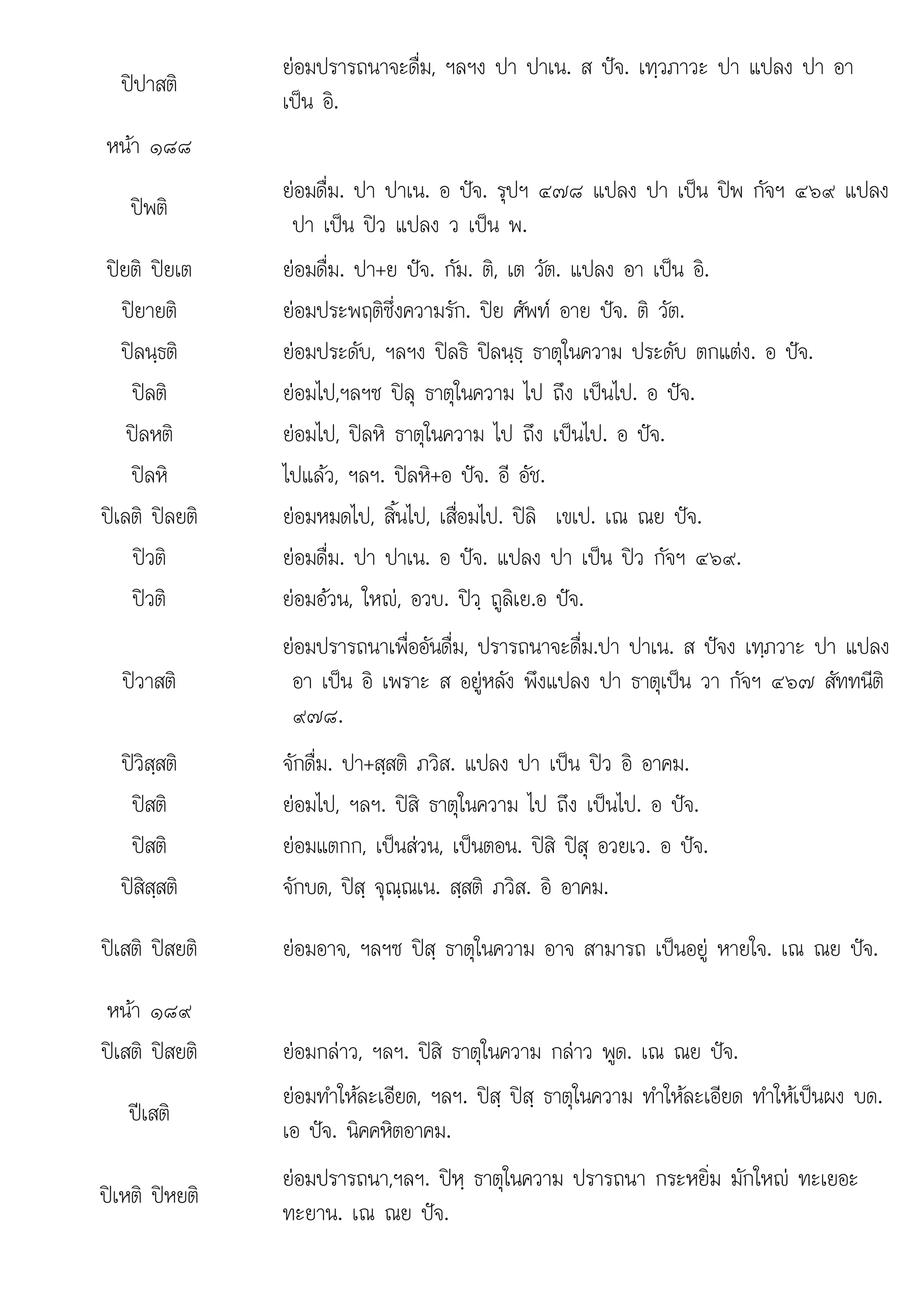 ป ใ ป ป
ปปาสติ
ยอมปรารถนาจะดื่ม, ฯลฯง ปา ปาเน. ส ปจ. เทฺวภาวะ ปา แปลง ปา อา
เปน อิ.
หนา ๑๘๘
ปพติ
ยอมดื่ม. ปา ปาเน. อ ปจ. รุปฯ ๔๗๘ แปลง ปา เปน ปพ กัจฯ ๔๖๙ แปลง
ปา เปน ปว แปลง ว เปน พ.
ปยติ ปยเต ยอมดื่ม. ปา+ย ปจ. กัม. ติ, เต วัต. แปลง อา เปน อิ.
ปยายติ ยอมประพฤติซึ่งความรัก. ปย ศัพท อาย ปจ. ติ วัต.
ปลนฺธติ ยอมประดับ, ฯลฯง ปลธิ ปลนฺธฺ ธาตุในความ ประดับ ตกแตง. อ ปจ.
ปลติ ยอมไป,ฯลฯซ ปลุ ธาตุในความ ไป ถึง เปนไป. อ ปจ.
ปลหติ ยอมไป, ปลหิ ธาตุในความ ไป ถึง เปนไป. อ ปจ.
ปลหิ ไปแลว, ฯลฯ. ปลหิ+อ ปจ. อี อัช.
ปเลติ ปลยติ ยอมหมดไป, สิ้นไป, เสื่อมไป. ปลิ เขเป. เณ ณย ปจ.
ปวติ ยอมดื่ม. ปา ปาเน. อ ปจ. แปลง ปา เปน ปว กัจฯ ๔๖๙.
ป ิ
วติ   ใ  ป ิ ป
ยอมอวน, หญ, อวบ. วฺ ถูลิเย.อ จ.
ปวาสติ
ยอมปรารถนาเพื่ออันดื่ม, ปรารถนาจะดื่ม.ปา ปาเน. ส ปจง เทฺภวาะ ปา แปลง
อา เปน อิ เพราะ ส อยูหลัง พึงแปลง ปา ธาตุเปน วา กัจฯ ๔๖๗ สัททนีติ
๙๗๘.
ปวิสฺสติ จักดื่ม. ปา+สฺสติ ภวิส. แปลง ปา เปน ปว อิ อาคม.
ปสติ ยอมไป, ฯลฯ. ปสิ ธาตุในความ ไป ถึง เปนไป. อ ปจ.
ปสติ ยอมแตกก, เปนสวน, เปนตอน. ปสิ ปสุ อวยเว. อ ปจ.
ปสิสฺสติ จักบด, ปสฺ จุณฺณเน. สฺสติ ภวิส. อิ อาคม.
ปเสติ ปสยติ ยอมอาจ, ฯลฯซ ปสฺ ธาตุในความ อาจ สามารถ เปนอยู หายใจ. เณ ณย ปจ.
หนา ๑๘๙
ปเสติ ปสยติ ยอมกลาว, ฯลฯ. ปสิ ธาตุในความ กลาว พูด. เณ ณย ปจ.
ปเสติ
ยอมทําใหละเอียด, ฯลฯ. ปสฺ ปสฺ ธาตุในความ ทําใหละเอียด ทําใหเปนผง บด.
เอ ปจ. นิคคหิตอาคม.
ปเหติ ปหยติ
ยอมปรารถนาฯลฯ ปห ธาตในความ ปรารถนา กระหยิ่ม มักใหญ ทะเยอะ
ยอมปรารถนา,ฯลฯ. ปหฺ ธาตุในความ ปรารถนา กระหยม มกใหญ ทะเยอะ
ทะยาน. เณ ณย ปจ.
 