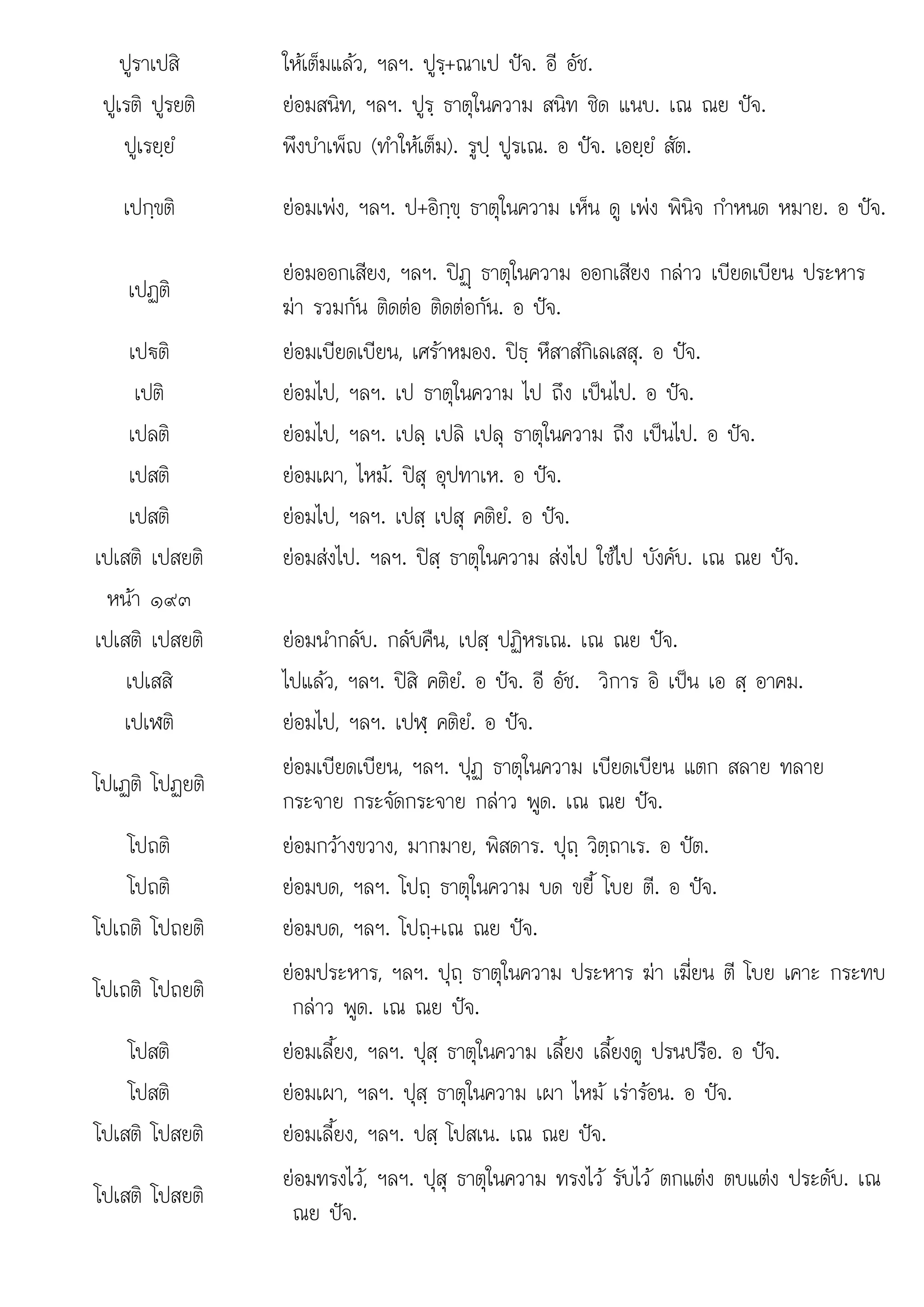ปส
ปูราเปสิ ใหเต็มแลว, ฯลฯ. ปูรฺ+ณาเป ปจ. อี อัช.
ปูเรติ ปูรยติ ยอมสนิท, ฯลฯ. ปูรฺ ธาตุในความ สนิท ชิด แนบ. เณ ณย ปจ.
ปูเรยฺยํ พึงบําเพ็ญ (ทําใหเต็ม). รูปฺ ปูรเณ. อ ปจ. เอยฺยํ สัต.
เปกฺขติ ยอมเพง, ฯลฯ. ป+อิกฺขฺ ธาตุในความ เห็น ดู เพง พินิจ กําหนด หมาย. อ ปจ.
เปฏติ
ยอมออกเสียง, ฯลฯ. ปฏþ ธาตุในความ ออกเสียง กลาว เบียดเบียน ประหาร
ฆา รวมกัน ติดตอ ติดตอกัน. อ ปจ.
เป€ติ ยอมเบียดเบียน, เศราหมอง. ปธฺ หึสาสํกิเลเสสุ. อ ปจ.
เปติ ยอมไป, ฯลฯ. เป ธาตุในความ ไป ถึง เปนไป. อ ปจ.
เปลติ ยอมไป, ฯลฯ. เปลฺ เปลิ เปลุ ธาตุในความ ถึง เปนไป. อ ปจ.
เปสติ ยอมเผา, ไหม. ปสุ อุปทาเห. อ ปจ.
เปสติ ยอมไป, ฯลฯ. เปสฺ เปสุ คติยํ. อ ปจ.
เปเสติ เปสยติ ยอมสงไป. ฯลฯ. ปสฺ ธาตุในความ สงไป ใชไป บังคับ. เณ ณย ปจ.

หนา ๑๙๓
เปเสติ เปสยติ ยอมนํากลับ. กลับคืน, เปสฺ ปฏิหรเณ. เณ ณย ปจ.
เปเสสิ ไปแลว, ฯลฯ. ปสิ คติยํ. อ ปจ. อี อัช. วิการ อิ เปน เอ สฺ อาคม.
เปเฬติ ยอมไป, ฯลฯ. เปฬฺ คติยํ. อ ปจ.
โปเฏติ โปฏยติ
ยอมเบียดเบียน, ฯลฯ. ปุฏ ธาตุในความ เบียดเบียน แตก สลาย ทลาย
กระจาย กระจัดกระจาย กลาว พูด. เณ ณย ปจ.
โปถติ ยอมกวางขวาง, มากมาย, พิสดาร. ปุถฺ วิตฺถาเร. อ ปต.
โปถติ ยอมบด, ฯลฯ. โปถฺ ธาตุในความ บด ขยี้ โบย ตี. อ ปจ.
โปเถติ โปถยติ ยอมบด, ฯลฯ. โปถฺ+เณ ณย ปจ.
โปเถติ โปถยติ
ยอมประหาร, ฯลฯ. ปุถฺ ธาตุในความ ประหาร ฆา เฆี่ยน ตี โบย เคาะ กระทบ
กลาว พูด. เณ ณย ปจ.
โปสติ ยอมเลี้ยง, ฯลฯ. ปุสฺ ธาตุในความ เลี้ยง เลี้ยงดู ปรนปรือ. อ ปจ.
โปสติ ยอมเผา, ฯลฯ. ปุสฺ ธาตุในความ เผา ไหม เรารอน. อ ปจ.
โปเสติ โปสยติ ยอมเลี้ยง, ฯลฯ. ปสฺ โปสเน. เณ ณย ปจ.
โ โ
โปเสติ โปสยติ
ยอมทรงไว ฯลฯ ปส ธาตในความ ทรงไว รับไว ตกแตง ตบแตง ประดับ เณ
ยอมทรงไว, ฯลฯ. ุ ุ ธาตุในความ ทรงไว รบไว ตกแตง ตบแตง ประดบ. เณ
ณย ปจ.
 