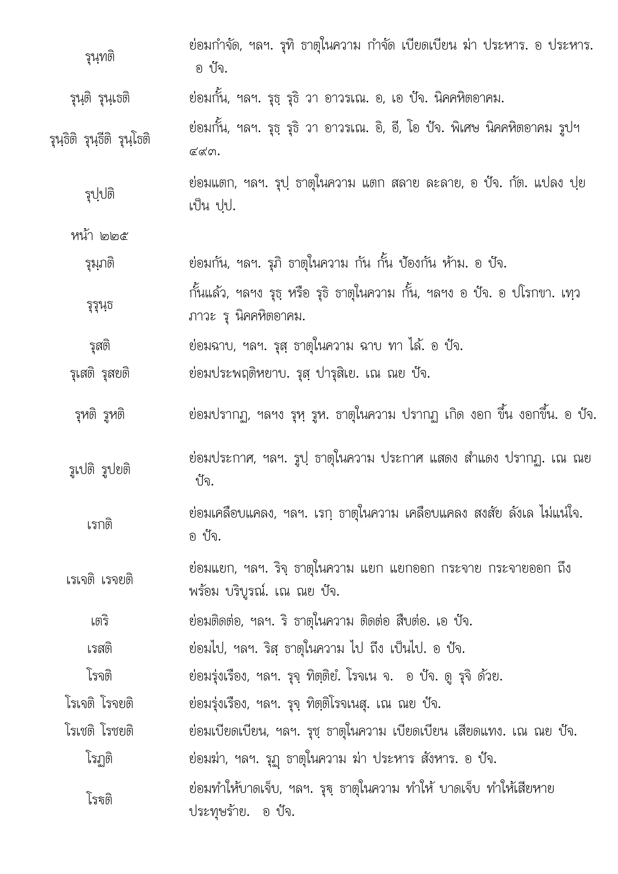 ร€
รุนฺทติ
ยอมกําจัด, ฯลฯ. รุทิ ธาตุในความ กําจัด เบียดเบียน ฆา ประหาร. อ ประหาร.
อ ปจ.
รุนฺติ รุนฺเธติ ยอมกั้น, ฯลฯ. รุธฺ รุธิ วา อาวรเณ. อ, เอ ปจ. นิคคหิตอาคม.
รุนฺธิติ รุนฺธีติ รุนฺโธติ
ยอมกั้น, ฯลฯ. รุธฺ รุธิ วา อาวรเณ. อิ, อี, โอ ปจ. พิเศษ นิคคหิตอาคม รูปฯ
๔๙๓.
รุปฺปติ
ยอมแตก, ฯลฯ. รุปฺ ธาตุในความ แตก สลาย ละลาย, อ ปจ. กัต. แปลง ปฺย
เปน ปฺป.
หนา ๒๒๕
รุมฺภติ ยอมกัน, ฯลฯ. รุภิ ธาตุในความ กัน กั้น ปองกัน หาม. อ ปจ.
รุรุนฺธ
กั้นแลว, ฯลฯง รุธฺ หรือ รุธิ ธาตุในความ กั้น, ฯลฯง อ ปจ. อ ปโรกขา. เทฺว
ภาวะ รุ นิคคหิตอาคม.
รุสติ ยอมฉาบ, ฯลฯ. รุสฺ ธาตุในความ ฉาบ ทา ไล. อ ปจ.
รุเสติ รุสยติ ยอมประพฤติหยาบ. รุสฺ ปารุสิเย. เณ ณย ปจ.
รุหติ รูหติ ยอมปรากฏ, ฯลฯง รุหฺ รูห. ธาตุในความ ปรากฏ เกิด งอก ขึ้น งอกขึ้น. อ ปจ.
รูเปติ รูปยติ
ยอมประกาศ, ฯลฯ. รูปฺ ธาตุในความ ประกาศ แสดง สําแดง ปรากฏ. เณ ณย
ปจ.
เรกติ
ยอมเคลือบแคลง, ฯลฯ. เรกฺ ธาตุในความ เคลือบแคลง สงสัย ลังเล ไมแนใจ.
อ ปจ.
เรเจติ เรจยติ
ยอมแยก, ฯลฯ. ริจฺ ธาตุในความ แยก แยกออก กระจาย กระจายออก ถึง
พรอม บริบูรณ. เณ ณย ปจ.
เตริ ยอมติดตอ, ฯลฯ. ริ ธาตุในความ ติดตอ สืบตอ. เอ ปจ.
เรสติ ยอมไป, ฯลฯ. ริสฺ ธาตุในความ ไป ถึง เปนไป. อ ปจ.
โรจติ ยอมรุงเรือง, ฯลฯ. รุจฺ ทิตฺติยํ. โรจเน จ. อ ปจ. ดู รุจิ ดวย.
โรเจติ โรจยติ ยอมรุงเรือง, ฯลฯ. รุจฺ ทิตฺติโรจเนสุ. เณ ณย ปจ.
โรเชติ โรชยติ ยอมเบียดเบียน, ฯลฯ. รุชฺ ธาตุในความ เบียดเบียน เสียดแทง. เณ ณย ปจ.
โรฏติ ยอมฆา, ฯลฯ. รุฏþ ธาตุในความ ฆา ประหาร สังหาร. อ ปจ.
โ
โร€ติ
ยอมทําใหบาดเจ็บ ฯลฯ ร€ ธาตในความ ทําให บาดเจ็บ ทําใหเสียหาย
ยอมทาใหบาดเจบ, ฯลฯ. ุ ฺ ธาตุในความ ทาให บาดเจบ ทาใหเสยหาย
ประทุษราย. อ ปจ.
 