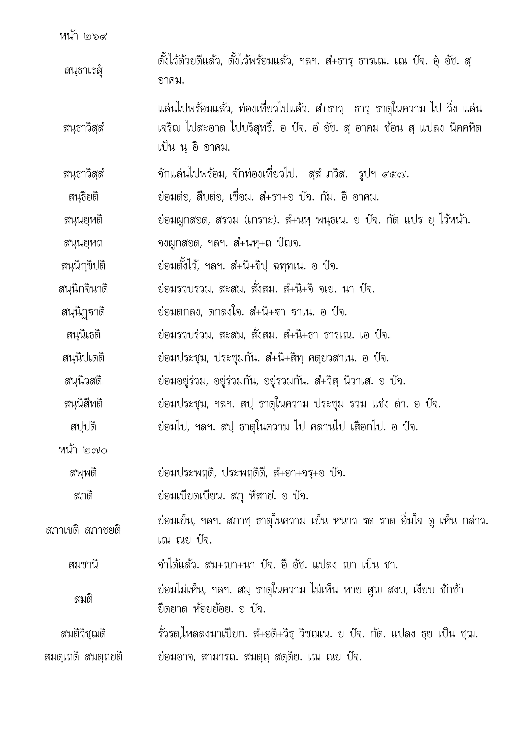 ป
. ถ . .
หนา ๒๖๙
สนฺธาเรสุ
ตั้งไวดวยดีแลว, ตั้งไวพรอมแลว, ฯลฯ. สํ+ธารฺ ธารเณ. เณ ปจ. อุ อัช. สฺ
อาคม.
สนฺธาวิสฺสํ
แลนไปพรอมแลว, ทองเที่ยวไปแลว. สํ+ธาวฺ ธาวุ ธาตุในความ ไป วิ่ง แลน
เจริญ ไปสะอาด ไปบริสุทธิ์. อ ปจ. อํ อัช. สฺ อาคม ซอน สฺ แปลง นิคคหิต
เปน นฺ อิ อาคม.
สนฺธาวิสฺสํ จักแลนไปพรอม, จักทองเที่ยวไป. สฺสํ ภวิส. รูปฯ ๔๕๗.
สนฺธียติ ยอมตอ, สืบตอ, เชื่อม. สํ+ธา+อ ปจ. กัม. อี อาคม.
สนฺนยฺหติ ยอมผูกสอด, สรวม (เกราะ). สํ+นหฺ พนฺธเน. ย ปจ. กัต แปร ยฺ ไวหนา.
สนฺนยฺหถ จงผูกสอด, ฯลฯ. สํ+นหฺ+ถ ปญจ.
สนฺนิกฺขิปติ ยอมตั้งไว, ฯลฯ. สํ+นิ+ขิปฺ ฉฑฺฑเน. อ ปจ.
สนฺนิกจินาติ ยอมรวบรวม, สะสม, สั่งสม. สํ+นิ+จิ จเย. นา ปจ.
สนฺนิฏþ€าติ ยอมตกลง, ตกลงใจ. สํ+นิ+€า €าเน. อ ปจ.
ิ ิ
สนฺนิเธติ   ั่ ํ ิ ป
ยอมรวบรวม, สะสม, สังสม. สํ+นิ+ธา ธารเณ. เอ จ.
สนฺนิปเตติ ยอมประชุม, ประชุมกัน. สํ+นิ+สิทฺ คตฺยวสาเน. อ ปจ.
สนฺนิวสติ ยอมอยูรวม, อยูรวมกัน, อยูรวมกัน. สํ+วิสฺ นิวาเส. อ ปจ.
สนฺนิสีทติ ยอมประชุม, ฯลฯ. สปฺ ธาตุในความ ประชุม รวม แชง ดา. อ ปจ.
สปฺปติ ยอมไป, ฯลฯ. สปฺ ธาตุในความ ไป คลานไป เสือกไป. อ ปจ.
หนา ๒๗๐
สพฺพติ ยอมประพฤติ, ประพฤติดี, สํ+อา+จรฺ+อ ปจ.
สภติ ยอมเบียดเบียน. สภุ หึสายํ. อ ปจ.
สภาเชติ สภาชยติ
ยอมเย็น, ฯลฯ. สภาชฺ ธาตุในความ เย็น หนาว รด ราด อิ่มใจ ดู เห็น กลาว.
เณ ณย ปจ.
สมชานิ จําไดแลว. สม+า+นา ปจ. อี อัช. แปลง า เปน ชา.
สมติ
ยอมไมเห็น, ฯลฯ. สมฺ ธาตุในความ ไมเห็น หาย สูญ สงบ, เงียบ ชักชา
ยืดยาด หอยยอย. อ ปจ.
สมติวิชฺฌติ รั่วรด,ไหลลงมาเปยก. สํ+อติ+วิธฺ วิชฌเน. ย ปจ. กัต. แปลง ธฺย เปน ชฺฌ.
สมตเถติ สมตถยติ
สมตฺเถต สมตฺถยต ยอมอาจ, สามารถ. สมตถ สตติย. เณ ณย ปจ.
ยอมอาจ, สามารถ สมตฺ ฺ สตฺตย เณ ณย ปจ
 