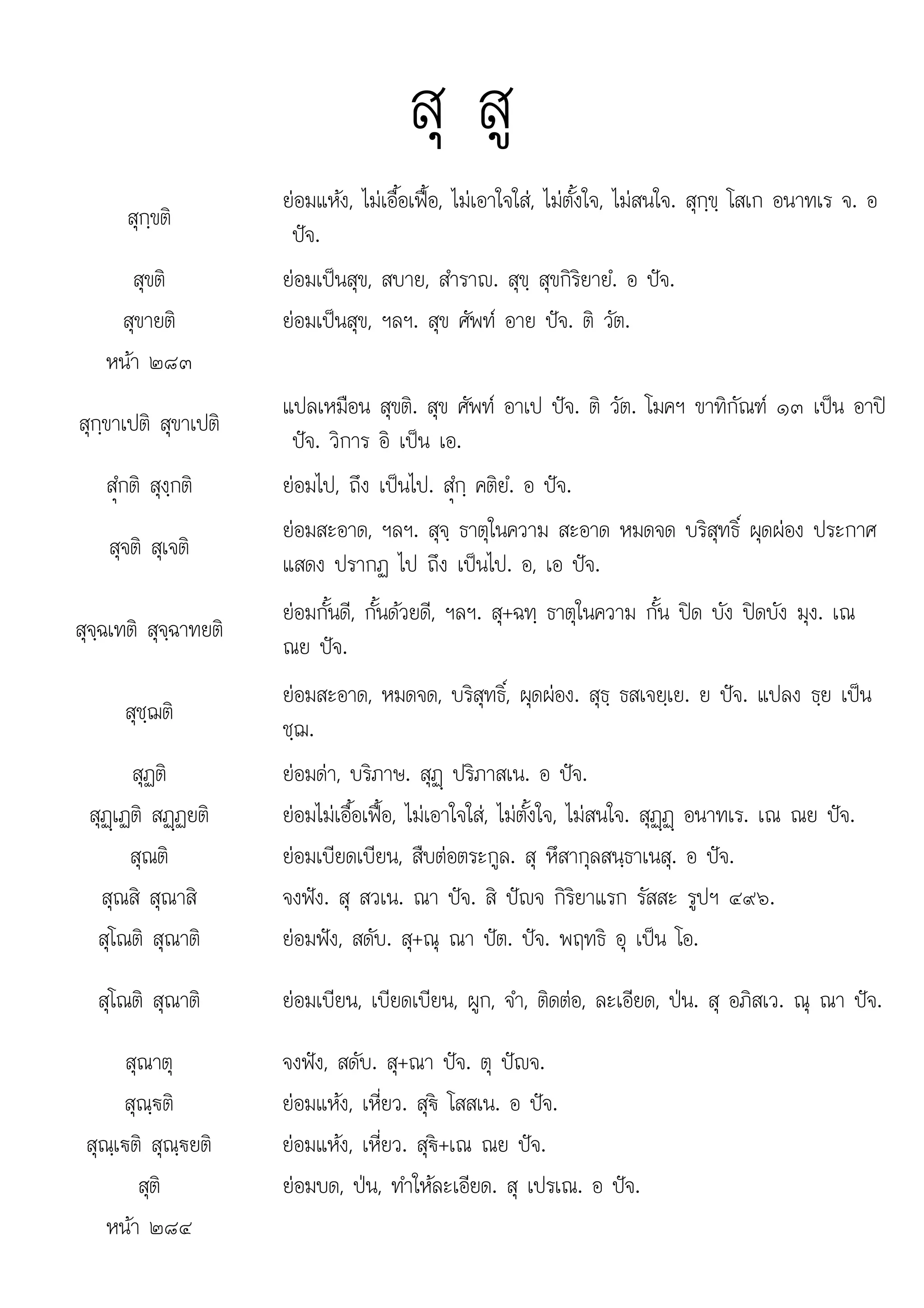 สต ส เ เณ อ
สุ สู
สุกฺขติ
ยอมแหง, ไมเอื้อเฟอ, ไมเอาใจใส, ไมตั้งใจ, ไมสนใจ. สุกฺขฺ โสเก อนาทเร จ. อ
ปจ.
สุขติ ยอมเปนสุข, สบาย, สําราญ. สุขฺ สุขกิริยายํ. อ ปจ.
สุขายติ ยอมเปนสุข, ฯลฯ. สุข ศัพท อาย ปจ. ติ วัต.
หนา ๒๘๓
สุกฺขาเปติ สุขาเปติ
แปลเหมือน สุขติ. สุข ศัพท อาเป ปจ. ติ วัต. โมคฯ ขาทิกัณฑ ๑๓ เปน อาป
ปจ. วิการ อิ เปน เอ.
สํüกติ สุงฺกติ ยอมไป, ถึง เปนไป. สํüกฺ คติยํ. อ ปจ.
สุจติ สุเจติ
ยอมสะอาด, ฯลฯ. สุจฺ ธาตุในความ สะอาด หมดจด บริสุทธิ์ ผุดผอง ประกาศ
แสดง ปรากฏ ไป ถึง เปนไป. อ, เอ ปจ.
สุจฺฉเทติ สุจฺฉาทยติ
ยอมกั้นดี, กั้นดวยดี, ฯลฯ. สุ+ฉทฺ ธาตุในความ กั้น ปด บัง ปดบัง มุง. เณ
ณย ปจ.
สุชฺฌติ
ยอมสะอาด, หมดจด, บริสุทธิ์, ผุดผอง. สุธฺ ธสเจยฺเย. ย ปจ. แปลง ธฺย เปน
ชฺฌ.
สุฏติ ยอมดา, บริภาษ. สุฏþ ปริภาสเน. อ ปจ.
สุฏþเฏติ สฏþฏยติ ยอมไมเอื้อเฟอ, ไมเอาใจใส, ไมตั้งใจ, ไมสนใจ. สุฏþฏþ อนาทเร. เณ ณย ปจ.
สุณติ ยอมเบียดเบียน, สืบตอตระกูล. สุ หึสากุลสนฺธาเนสุ. อ ปจ.
สุณสิ สุณาสิ จงฟง. สุ สวเน. ณา ปจ. สิ ปญจ กิริยาแรก รัสสะ รูปฯ ๔๙๖.
สุโณติ สุณาติ ยอมฟง, สดับ. สุ+ณุ ณา ปต. ปจ. พฤทธิ อุ เปน โอ.
สุโณติ สุณาติ ยอมเบียน, เบียดเบียน, ผูก, จํา, ติดตอ, ละเอียด, ปน. สุ อภิสเว. ณุ ณา ปจ.
สุณาตุ จงฟง, สดับ. สุ+ณา ปจ. ตุ ปญจ.
สุณฺ€ติ ยอมแหง, เหี่ยว. สุ€ โสสเน. อ ปจ.
สุณฺเ€ติ สุณฺ€ยติ ยอมแหง, เหี่ยว. สุ€+เณ ณย ปจ.
สติ
ุ ยอมบด ปน ทําใหละเอียด ส เปรเณ อ ปจ
ยอมบด, ปน, ทาใหละเอยด. ุ ปร . ปจ.
หนา ๒๘๔
 