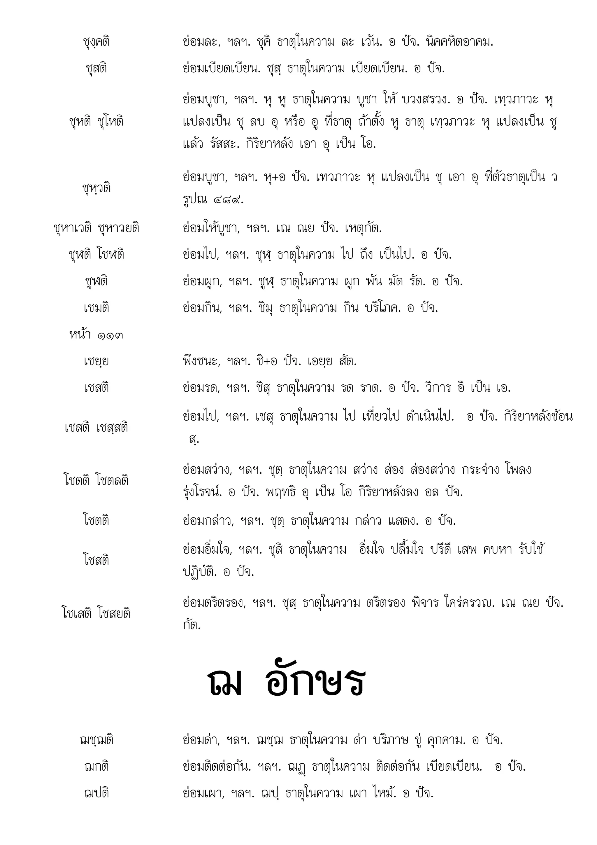ใ ป ป
เ เ อ
ชุงฺคติ ยอมละ, ฯลฯ. ชุคิ ธาตุในความ ละ เวน. อ ปจ. นิคคหิตอาคม.
ชุสติ ยอมเบียดเบียน. ชุสฺ ธาตุในความ เบียดเบียน. อ ปจ.
ชุหติ ชุโหติ
ยอมบูชา, ฯลฯ. หุ หู ธาตุในความ บูชา ให บวงสรวง. อ ปจ. เทฺวภาวะ หุ
แปลงเปน ชุ ลบ อุ หรือ อู ที่ธาตุ ถาตั้ง หู ธาตุ เทฺวภาวะ หุ แปลงเปน ชู
แลว รัสสะ. กิริยาหลัง เอา อุ เปน โอ.
ชุหฺวติ
ยอมบูชา, ฯลฯ. หุ+อ ปจ. เทวภาวะ หุ แปลงเปน ชุ เอา อุ ที่ตัวธาตุเปน ว
รูปณ ๔๘๙.
ชุหาเวติ ชุหาวยติ ยอมใหบูชา, ฯลฯ. เณ ณย ปจ. เหตุกัต.
ชุฬติ โชฬติ ยอมไป, ฯลฯ. ชุฬฺ ธาตุในความ ไป ถึง เปนไป. อ ปจ.
ชูฬติ ยอมผูก, ฯลฯ. ชูฬฺ ธาตุในความ ผูก พัน มัด รัด. อ ปจ.
เชมติ ยอมกิน, ฯลฯ. ชิมุ ธาตุในความ กิน บริโภค. อ ปจ.
หนา ๑๑๓
เชยฺย พึงชนะ, ฯลฯ. ชิ+อ ปจ. เอยฺย สัต.
ิ
เชสติ  ิ ใ ป ิ ิ ป
ยอมรด, ฯลฯ. ชิสุ ธาตุ นความ รด ราด. อ จ. วิการ อิ เ น เอ.
เชสติ เชสฺสติ
ยอมไป, ฯลฯ. เชสุ ธาตุในความ ไป เที่ยวไป ดําเนินไป. อ ปจ. กิริยาหลังซอน
สฺ.
โชตติ โชตลติ
ยอมสวาง, ฯลฯ. ชุตฺ ธาตุในความ สวาง สอง สองสวาง กระจาง โพลง
รุงโรจน. อ ปจ. พฤทธิ อุ เปน โอ กิริยาหลังลง อล ปจ.
โชตติ ยอมกลาว, ฯลฯ. ชุตฺ ธาตุในความ กลาว แสดง. อ ปจ.
โชสติ
ยอมอิ่มใจ, ฯลฯ. ชุสิ ธาตุในความ อิ่มใจ ปลื้มใจ ปรีดี เสพ คบหา รับใช
ปฏิบัติ. อ ปจ.
โชเสติ โชสยติ
ยอมตริตรอง, ฯลฯ. ชุสฺ ธาตุในความ ตริตรอง พิจาร ใครครวญ. เณ ณย ปจ.
กัต.
ฌ อักษร
ฌชฺฌติ ยอมดา, ฯลฯ. ฌชฺฌ ธาตุในความ ดา บริภาษ ขู คุกคาม. อ ปจ.
ฌกติ
ฌกต ยอมติดตอกัน ฯลฯ ฌฏ ธาตในความ ติดตอกัน เบียดเบียน อ ปจ
ยอมตดตอกน. ฯลฯ. ฌฏþ ธาตุในความ ตดตอกน บยด บยน. ปจ.
ฌปติ ยอมเผา, ฯลฯ. ฌปฺ ธาตุในความ เผา ไหม. อ ปจ.
 