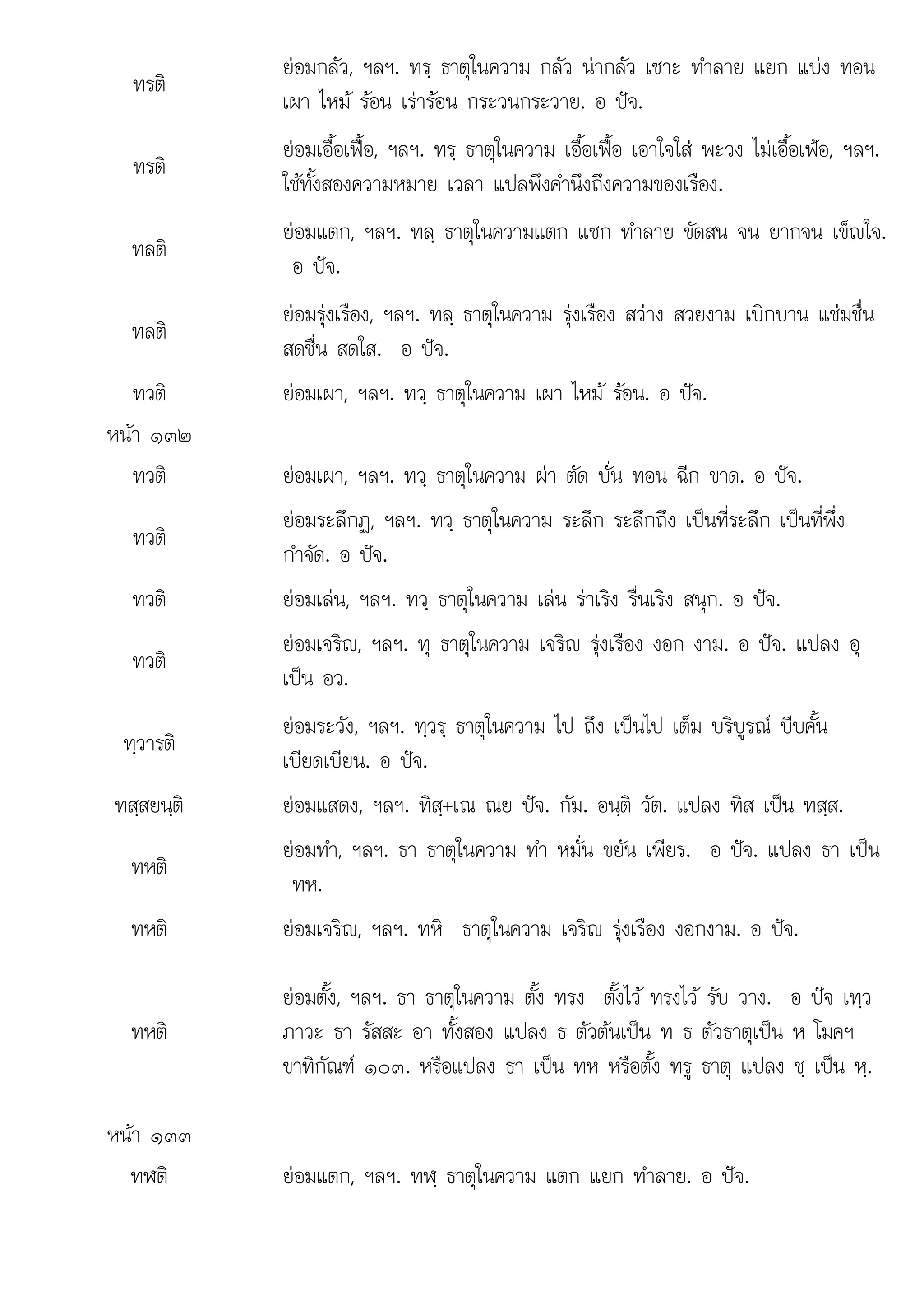 ใ ป
. ทฬ . อ .
ทรติ
ยอมกลัว, ฯลฯ. ทรฺ ธาตุในความ กลัว นากลัว เซาะ ทําลาย แยก แบง ทอน
เผา ไหม รอน เรารอน กระวนกระวาย. อ ปจ.
ทรติ
ยอมเอื้อเฟอ, ฯลฯ. ทรฺ ธาตุในความ เอื้อเฟอ เอาใจใส พะวง ไมเอื้อเฟอ, ฯลฯ.
ใชทั้งสองความหมาย เวลา แปลพึงคํานึงถึงความของเรือง.
ทลติ
ยอมแตก, ฯลฯ. ทลฺ ธาตุในความแตก แซก ทําลาย ขัดสน จน ยากจน เข็ญใจ.
อ ปจ.
ทลติ
ยอมรุงเรือง, ฯลฯ. ทลฺ ธาตุในความ รุงเรือง สวาง สวยงาม เบิกบาน แชมชื่น
สดชื่น สดใส. อ ปจ.
ทวติ ยอมเผา, ฯลฯ. ทวฺ ธาตุในความ เผา ไหม รอน. อ ปจ.
หนา ๑๓๒
ทวติ ยอมเผา, ฯลฯ. ทวฺ ธาตุในความ ผา ตัด บั่น ทอน ฉีก ขาด. อ ปจ.
ทวติ
ยอมระลึกฏ, ฯลฯ. ทวฺ ธาตุในความ ระลึก ระลึกถึง เปนที่ระลึก เปนที่พึ่ง
กําจัด. อ ปจ.
ิ
ทวติ   ใ   ิ ื่ ิ ป
ยอมเลน, ฯลฯ. ทวฺ ธาตุ นความ เลน ราเริง รืนเริง สนุก. อ จ.
ทวติ
ยอมเจริญ, ฯลฯ. ทุ ธาตุในความ เจริญ รุงเรือง งอก งาม. อ ปจ. แปลง อุ
เปน อว.
ทฺวารติ
ยอมระวัง, ฯลฯ. ทฺวรฺ ธาตุในความ ไป ถึง เปนไป เต็ม บริบูรณ บีบคั้น
เบียดเบียน. อ ปจ.
ทสฺสยนฺติ ยอมแสดง, ฯลฯ. ทิสฺ+เณ ณย ปจ. กัม. อนฺติ วัต. แปลง ทิส เปน ทสฺส.
ทหติ
ยอมทํา, ฯลฯ. ธา ธาตุในความ ทํา หมั่น ขยัน เพียร. อ ปจ. แปลง ธา เปน
ทห.
ทหติ ยอมเจริญ, ฯลฯ. ทหิ ธาตุในความ เจริญ รุงเรือง งอกงาม. อ ปจ.
ทหติ
ยอมตั้ง, ฯลฯ. ธา ธาตุในความ ตั้ง ทรง ตั้งไว ทรงไว รับ วาง. อ ปจ เทฺว
ภาวะ ธา รัสสะ อา ทั้งสอง แปลง ธ ตัวตนเปน ท ธ ตัวธาตุเปน ห โมคฯ
ขาทิกัณฑ ๑๐๓. หรือแปลง ธา เปน ทห หรือตั้ง ทรู ธาตุ แปลง ชฺ เปน หฺ.
หนา ๑๓๓
ทฬติ
ทฬต ยอมแตก, ฯลฯ. ทฬ ธาตในความ แตก แยก ทําลาย. อ ปจ.
ยอมแตก, ฯลฯ ฺ ธาตุในความ แตก แยก ทาลาย ปจ
 