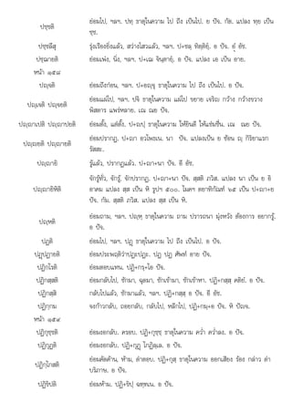 ป ป ป ป โ ป ป
ปชฺชติ
ยอมไป, ฯลฯ. ปทฺ ธาตุในความ ไป ถึง เปนไป. ย ปจ. กัต. แปลง ทฺย เปน
ชฺช.
ปชฺชลึสุ รุงเรืองยิ่งแลว, สวางไสวแลว, ฯลฯ. ป+ชลฺ ทิตฺติยฺ. อ ปจ. อํü อัช.
ปชฺฌายติ ยอมเพง, นิ่ง, ฯลฯ. ป+เฌ จินฺตายฺ. อ ปจ. แปลง เอ เปน อาย.
หนา ๑๕๘
ปฺจติ ยอมถึงกอน, ฯลฯ. ป+อฺจุ ธาตุในความ ไป ถึง เปนไป. อ ปจ.
ปฺเจติ ปฺจยติ
ยอมแผไป, ฯลฯ. ปจิ ธาตุในความ แผไป ขยาย เจริญ กวาง กวางขวาง
พิสดาร แพรหลาย. เณ ณย ปจ.
ปฺาเปติ ปฺาปยติ ยอมตั้ง, แตตั้ง. ป+ปฺ ธาตุในความ ใหยินดี ใหแชมชื่น. เณ ณย ปจ.
ปฺยติ ปฺายติ
ยอมปรากฏ. ป+า อวโพธเน. นา ปจ. แปลงเปน ย ซอน ฺ กิริยาแรก
รัสสะ.
ปฺายิ รูแลว, ปรากฏแลว. ป+า+นา ปจ. อี อัช.
ป ิ ิ ิ
ฺายิหิติ
จักรูทั่ว, จักรู, จักปรากฏ. ป+า+นา ปจ. สฺสติ ภวิส. แปลง นา เปน ย อิ
ป ป ิ ป โ ิ ั  ป ป
อาคม แ ลง สฺส เ น หิ รู ฯ ๕๐๐. มคฯ ตยาทิกัณฑ ๖๕ เ น +า+ย
ปจ. กัม. สฺสติ ภวิส. แปลง สฺส เปน หิ.
ปฺหติ
ยอมถาม, ฯลฯ. ปฺหฺ ธาตุในความ ถาม ปรารถนา มุงหวัง ตองการ อยากรู.
อ ปจ.
ปฏติ ยอมไป, ฯลฯ. ปฏþ ธาตุในความ ไป ถึง เปนไป. อ ปจ.
ปฏþปฏายติ ยอมประพฤติวาปฏะปฏะ. ปฏ ปฏ ศัพท อาย ปจ.
ปฏิกโรติ ยอมตอบแทน. ปฏิ+กรฺ+โอ ปจ.
ปฏิกสฺสติ ยอมกลับไป, ชักมา, ฉุดมา, ชักเขามา, ชักเขาหา. ปฏิ+กสฺสฺ คติยํ. อ ปจ.
ปฏิกสฺสิ กลับไปแลว, ชักมาแลว, ฯลฯ. ปฏิ+กสฺสฺ อ ปจ. อี อัช.
ปฏิกฺกม จงกาวกลับ, ถอยกลับ, กลับไป, หลีกไป, ปฏิ+กมฺ+อ ปจ. หิ ปญจ.
หนา ๑๕๙
ปฏิกุชฺชติ ยอมงอกลับ. ครอบ. ปฏิ+กุชฺชฺ ธาตุในความ คว่ํา คว่ําลง. อ ปจ.
ปฏิกุฏติ ยอมงอกลับ. ปฏิ+กุฏþ โกฏิลฺเล. อ ปจ.
ปฏิกฺโกสติ
ยอมคัดคาน, หาม, ดาตอบ. ปฏิ+กุสฺ ธาตุในความ ออกเสียง รอง กลาว ดา
บริภาษ. อ ปจ.
ปฏิขิปติ ยอมหาม. ปฏิ+ขิปฺ ฉฑฺฑเน. อ ปจ.
 