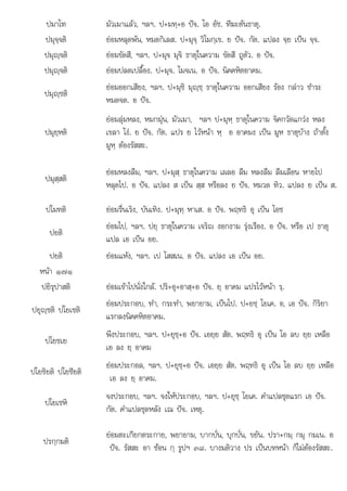 ไ ใ
ป ไ
ปมาโท มัวเมาแลว, ฯลฯ. ป+มทฺ+อ ปจ. โอ อัช. ทีฆะตนธาตุ.
ปมุจฺจติ ยอมหลุดพน, หมดกิเลส. ป+มุจฺ วิโมกฺเข. ย ปจ. กัต. แปลง จฺย เปน จฺจ.
ปมุฺจติ ยอมขัดสี, ฯลฯ. ป+มุจ มุจิ ธาตุในความ ขัดสี ถูตัว. อ ปจ.
ปมุฺจติ ยอมปลดเปลื้อง. ป+มุจ. โมจเน. อ ปจ. นิคคหิตอาคม.
ปมุฺชติ
ยอมออกเสียง, ฯลฯ. ป+มุชิ มุฺชฺ ธาตุในความ ออกเสียง รอง กลาว ชําระ
หมดจด. อ ปจ.
ปมุยฺหติ
ยอมลุมหลง, หมกมุน, มัวเมา, ฯลฯ ป+มุหฺ ธาตุในความ จิคกวัดแกวง หลง
เขลา โง. ย ปจ. กัต. แปร ย ไวหนา หฺ อ อาคมง เปน มูห ธาตุบาง ถาตั้ง
มูหฺ ตองรัสสะ.
ปมุสฺสติ
ยอมหลงลืม, ฯลฯ. ป+มุสฺ ธาตุในความ เผลอ ลืม หลงลืม ลืมเลือน หายไป
หลุดไป. อ ปจ. แปลง ส เปน สฺส หรือลง ย ปจ. หมวด ทิว. แปลง ย เปน ส.
ปโมทติ ยอมรื่นเริง, บันเทิง. ป+มุทฺ หาเส. อ ปจ. พฤทธิ อุ เปน โอซ
ปยติ
ไ ใ ิ ื  ื
ยอม ป, ฯลฯ. ปยฺ ธาตุ นความ เจริญ งอกงาม รุงเรือง. อ ปจ. หรือ เป ธาตุ
แปล เอ เปน อย.
ปยติ ยอมแหง, ฯลฯ. เป โสสเน. อ ปจ. แปลง เอ เปน อย.
หนา ๑๗๑
ปยิรุปาสติ ยอมเขาไปนั่งใกล. ปริ+อุ+อาสฺ+อ ปจ. ยฺ อาคม แปรไวหนา รฺ.
ปยุฺชติ ปโยเชติ
ยอมประกอบ, ทํา, กระทํา, พยายาม, เปนไป. ป+ยชฺ โยเค. อ, เอ ปจ. กิริยา
แรกลงนิคคหิตอาคม.
ปโยชเย
พึงประกอบ, ฯลฯ. ป+ยุชฺ+อ ปจ. เอยฺย สัต. พฤทธิ อุ เปน โอ ลบ ยฺย เหลือ
เอ ลง ยฺ อาคม
ปโยชิยติ ปโยชียติ
ยอมประกอล, ฯลฯ. ป+ยุชฺ+อ ปจ. เอยฺย สัต. พฤทธิ อุ เปน โอ ลบ ยฺย เหลือ
เอ ลง ยฺ อาคม.
ปโยเชหิ
จงประกอบ, ฯลฯ. จงใหประกอบ, ฯลฯ. ป+ยุชฺ โยเค. คําแปลชุดแรก เอ ปจ.
กัต. คําแปลชุดหลัง เณ ปจ. เหตุ.
ปรกกมติ
ปรกฺกมต
ยอมตะเกียกตระกาย, พยายาม, บากบั่น, บุกบั่น, ขยัน. ปรา+กมฺ กมุ กมเน. อ
ป ั  ป ิ ป ป  ็ไ   ั
จ. รัสสะ อา ซอน กฺ รูปฯ ๓๘. บางมติวาง ปร เปนบทหนา ก็ มตองรัสสะ.
 