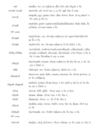 ใ
ปรติ ยอมเลี้ยง, ฯลฯ. ปรฺ ธาตุในความ เลี้ยง รักษา เต็ม บริบูรณ. อ ปจ.
ปราชยติ ปราเชติ ยอมปราชัย. แพ. ปรา+ชิ ชเย. อ. เอ ปจ. สฺสติ ภวิส. อิ อาคม.
ปราภวติ
ยอมดูหมิ่น, ดูถูก, ดูแคลน, นินทา, เสื่อม, ฉิบหาย, พินาศ. ปรา+ภู สตฺตายํ. อ
ปจ. แปลง อู เปน อว.
ปรามสติ
ยอมจับตอง, ลูกคลํา (แสดงความสนใจในเรื่องนั้นทีละนอย), ยึดมั่น ถือมั่น, ถือ
เอาไวแนน. ปรา+มสฺ อามสเน อ ปจ.
หนา ๑๗๒
ปริกฑฺฒติ
ยอมคราไปรอบ, ฯลฯ. ปริ+กฑฺฒฺ ธาตุในความ ครา (ฉุดลากไปอยางไมปรานี)
ฉุด รั้ง. อ ปจ.
ปริกสฺสติ ยอมชักลากไป, ฯลฯ. ปริ+กสฺสฺ ธาตุในความ ไป ถึง เปนไป. อ ปจ.
ปริกิรึสุ ปริกิริยึสุ
กระจายไปแลว, กระจัดกระจายแลว,กลาดเกลื่อนแลว, เกลื่อนกลนแลว, เกลื่อน
กลาดแลว, ดาษดื่นแลว, เรี่ยรายแลว, เรี่ยรายไปแลว. ป+กิรฺ วิกิรเณ. อ ปจ. อุ
อัช. อิ อาคม กิริยาหลังลง อิ และ ยฺ อาคม.
ปริขิมฺปติ
ื ิ ใ ื ั ึ  ั
ยอมกําหนดถือ, หวงแหน. ปริ+คหฺ ธาตุ นความ ถือ จันบ ยึด กุม. ย ปจ. กัม.
แปร ย ไวหนา ห.
ปริคิลิ กลืนกินแลว, ฯลฯ. ปริ+คิลฺ ธาตุในความ กลืนกิน กิน. อ ปจ.
ปริคฺคณฺหาติ
ยอมรวบรวม, สะสม, ยึดถือ, หวงแหน, ครอบครอง, สิง. ปริ+คหฺ อุปาทาเน. ณฺ
หา ปจ. ลบที่สุดธาตุ.
ปริคุยฺหติ ปริคฺคุยหติ
ยอมปดบัง, ซุกซอนง ปริ+คุหุ สํวรเณ. อ ปจ. พฤทธิ อุ เปน โอ เอา โอ เปน
อย แปร ย ไวหนา ห.
ปริจรตุ จงบําเรอ, รับใช, ปฏิบัติ. ปริ+จรฺ จรเณ. อ ปจ. ตุ ปญจ.
ปริจฺจชติ ยอมสละ, เสียสละ, ปริ+จชฺ จาเค. อ ปจ. ซอน จฺ.
ปริจชฺชิ เสียสละแลว. ปริ+จช. +อ ปจ. อี อัช. ซอน ชฺ.
ปริจินาติ
ยอมสั่งสม, สะสม, รวบรวม, กอสราง, อบรม, ทอง บน, คุนเคย. ปริ+จิ จเย.
นา ปจ.
ปริจฺฉินฺทติ ยอมกําหนดตัด, ฯลฯ. ปริ+ฉิทิ ธาตุในความ ตัด บั่น ทอน. อ ปจ.
หนา ๑๗๓
ปริชานาติ โ
ยอมรูรอบ, รอบรู, รูกวางขวาง. ปริ+า อวโพธเน. นา ปจ. แปลง า เปน ชา
 