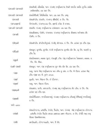 ปจ ท
. อ .
ปสาเทติ ปสาทยติ
ยอมยินดี, เลื่อมใส, ฯลฯ. ป+สทฺ ธาตุในความ ยินดี ชอบใจ พอใจ ถูกใน เพลิด
เพลิดเพลิน. เณ ณย ปจ.
ปสาเทติ ปสาทยติ ยอมใหยินดี, ใหเลื่อมใส, ฯลฯ. เณ ณย ปจ. เหตุ.
ปสาธยติ ยอมสําเร็จ, ประดับ. ป+สาธฺ สํสิทฺธิยํ. ย ปจ. กัต.
ปสาเธสฺสามิ จักประดับ. ป+สาธฺ+เณ ปจ. สฺสามิ ภวิส. อิ อาคม.
ปสาเรติ ปสารยติ ยอมขึง. ป+สรฺ ธาตุในความ เปลงออก. เณ ณย ปจ.
ปสาสติ
ยอมสั่งสอน, บังคับ, ปกครอง. ป+สาสฺ ธาตุในความ สั่งสอน พร่ําสอน สั่ง
บังคับ. อ ปจ.
ปสิชฺฌติ ยอมสําเร็จ, สําเร็จบริบูรณ. ป+สิธุ สํราธเน. ย ปจ. กัต. แปลง ธฺย เปน ชฺฌ.
ปสิโณติ
ยอมผูก, ผูกพัน, ผูกรัด. ป+สิ ธาตุในความ ผูกพัน มัด รัด. ณุ ปจ. พฤทธิ อุ
เปน โอ.
ปสูยติ
ู
ยอมไหลออก, คลอด (ลูก), ประสูติ, เกิด. ปสุ ธาตุในความ ไหลออก, คลอด. ย
ปจ กัต ทีฆะ
 . กต. ีฆะ.
ปเสติ ปสยติ ยอมผูก, ฯลฯ. ปสฺ ธาตุในความ ผูก พัน มัด รัด. เณ ณย ปจ.
ปสฺส
จงดู, ฯลฯง ทิสฺ ธาตุในความ พบ เห็น ดู เพง. อ ปจ. หิ ปญจ. แปลง ทิสฺ
เปน ปสฺส ลบ หิ. รูปฯ ๔๖๗.
ปสฺสํ ดูแลว, ฯลฯ. ทิสฺ+อ ปจ. อํ ปโรกขา.
ปสฺสตํ จงดู, ฯลฯ. ทิสฺ+อ ปญจ.
ปสฺสมฺมติ
ยอมสงบ, ระงับ, สงบระงับ. ป+สมฺ สมุ ธาตุในความ ดับ เย็น. ย ปจ. กัต.
แปลง มฺย เปน มฺม.
ปสฺสสติ
ยอมใหในออก, หายใจออกอยู. ป+สสฺ ธาตุในความ เปนอยู มีชีพอยู หายใจอยู.
อ ปจ.
หนา ๑๘๓
ปหํสติ
ยอมเบิกบาน, แชมชื่น, ราเริง, รื่นเริง, ฯลฯ. ป+หสฺ หํสฺ ธาตุในความ เบิกบาน
แชมชื่น ราเริง รื่นเริง สรวล เสสรวล เฮฮา หัวเราะ. อ ปจ. ถาตั้ง หสฺ ธาตุ
พึงลง นิคคหิตอาคม.
ปหํสิ
ปหส สะบัดแลว, เบิกบานแลว, ฯลฯ. อี อัช.
สะบดแลว, เบกบานแลว, ฯลฯ อช
 