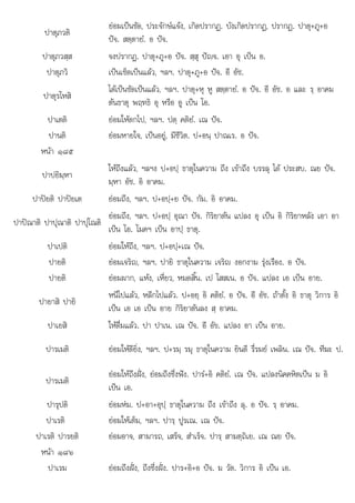 เปน โอ โ เปน อาป
ปาตุภวติ
ยอมเปนชัด, ประจักษแจง, เกิดปรากฏ. บังเกิดปรากฏ, ปรากฏ. ปาตุ+ภู+อ
ปจ. สตฺตายํ. อ ปจ.
ปาตุภวสฺส จงปรากฏ. ปาตุ+ภู+อ ปจ. สฺสุ ปญจ. เอา อุ เปน อ.
ปาตุภวิ เปนเช็ดเปนแลว, ฯลฯ. ปาตุ+ภู+อ ปจ. อี อัช.
ปาตุรโหสิ
ไดเปนชัดเปนแลว, ฯลฯ. ปาตุ+หุ หู สตฺตายํ. อ ปจ. อี อัช. อ และ รฺ อาคม
ตนธาตุ พฤทธิ อุ หรือ อู เปน โอ.
ปาเตติ ยอมใหตกไป, ฯลฯ. ปตฺ คติยํ. เณ ปจ.
ปานติ ยอมหายใจ, เปนอยู, มีชีวิต. ป+อนฺ ปาณเร. อ ปจ.
หนา ๑๘๕
ปาปยิมฺหา
ใหถึงแลว, ฯลฯง ป+อปฺ ธาตุในความ ถึง เขาถึง บรรลุ ได ประสบ. ณย ปจ.
มฺหา อัช. อิ อาคม.
ปาปยติ ปาปยเต ยอมถึง, ฯลฯ. ป+อปฺ+ย ปจ. กัม. อิ อาคม.
ปาปณาติ ปาปุณาติ ปาปุโณติ
ุ ุ
ยอมถึง, ฯลฯ. ป+อปฺ อุณา ปจ. กิริยาตน แปลง อุ เปน อิ กิริยาหลัง เอา อา
เปน โอ โมคฯ เปน อาป ธาต
. มคฯ ฺ ธาตุ.
ปาเปติ ยอมใหถึง, ฯลฯ. ป+อปฺ+เณ ปจ.
ปายติ ยอมเจริญ, ฯลฯ. ปายิ ธาตุในความ เจริญ งอกงาม รุงเรือง. อ ปจ.
ปายติ ยอมผาก, แหง, เหี่ยว, หมดสิ้น. เป โสสเน. อ ปจ. แปลง เอ เปน อาย.
ปายาสิ ปายิ
หนีไปแลว, หลีกไปแลว. ป+อยฺ อิ คติยํ. อ ปจ. อี อัช. ถาตั้ง อิ ธาตุ วิการ อิ
เปน เอ เอ เปน อาย กิริยาตนลง สฺ อาคม.
ปาเยสิ ใหดื่มแลว. ปา ปาเน. เณ ปจ. อี อัข. แปลง อา เปน อาย.
ปารเมติ ยอมใหดียิ่ง, ฯลฯ. ป+รมฺ รมุ ธาตุในความ ยินดี รื่รมย เพลิน. เณ ปจ. ทีฆะ ป.
ปารเมติ
ยอมใหถึงฝง, ยอมถึงซึ่งฟง. ปารํ+อิ คติยํ. เณ ปจ. แปลงนิคคหิตเปน ม อิ
เปน เอ.
ปารุปติ ยอมหม. ป+อา+อุปฺ ธาตุในความ ถึง เขาถึง ลุ. อ ปจ. รฺ อาคม.
ปาเรติ ยอมใหเต็ม, ฯลฯ. ปารฺ ปูรเณ. เณ ปจ.
ปาเรติ ปารยติ ยอมอาจ, สามารถ, เสร็จ, สําเร็จ. ปารฺ สามตฺถิเย. เณ ณย ปจ.
หนา ๑๘๖
หนา ๑๘๖
ปาเรม ยอมถึงฝง, ถึงซึ่งฝง. ปาร+อิ+อ ปจ. ม วัต. วิการ อิ เปน เอ.
 