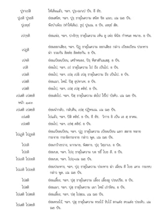 ปส
ปูราเปสิ ใหเต็มแลว, ฯลฯ. ปูรฺ+ณาเป ปจ. อี อัช.
ปูเรติ ปูรยติ ยอมสนิท, ฯลฯ. ปูรฺ ธาตุในความ สนิท ชิด แนบ. เณ ณย ปจ.
ปูเรยฺยํ พึงบําเพ็ญ (ทําใหเต็ม). รูปฺ ปูรเณ. อ ปจ. เอยฺยํ สัต.
เปกฺขติ ยอมเพง, ฯลฯ. ป+อิกฺขฺ ธาตุในความ เห็น ดู เพง พินิจ กําหนด หมาย. อ ปจ.
เปฏติ
ยอมออกเสียง, ฯลฯ. ปฏþ ธาตุในความ ออกเสียง กลาว เบียดเบียน ประหาร
ฆา รวมกัน ติดตอ ติดตอกัน. อ ปจ.
เป€ติ ยอมเบียดเบียน, เศราหมอง. ปธฺ หึสาสํกิเลเสสุ. อ ปจ.
เปติ ยอมไป, ฯลฯ. เป ธาตุในความ ไป ถึง เปนไป. อ ปจ.
เปลติ ยอมไป, ฯลฯ. เปลฺ เปลิ เปลุ ธาตุในความ ถึง เปนไป. อ ปจ.
เปสติ ยอมเผา, ไหม. ปสุ อุปทาเห. อ ปจ.
เปสติ ยอมไป, ฯลฯ. เปสฺ เปสุ คติยํ. อ ปจ.
เปเสติ เปสยติ ยอมสงไป. ฯลฯ. ปสฺ ธาตุในความ สงไป ใชไป บังคับ. เณ ณย ปจ.

หนา ๑๙๓
เปเสติ เปสยติ ยอมนํากลับ. กลับคืน, เปสฺ ปฏิหรเณ. เณ ณย ปจ.
เปเสสิ ไปแลว, ฯลฯ. ปสิ คติยํ. อ ปจ. อี อัช. วิการ อิ เปน เอ สฺ อาคม.
เปเฬติ ยอมไป, ฯลฯ. เปฬฺ คติยํ. อ ปจ.
โปเฏติ โปฏยติ
ยอมเบียดเบียน, ฯลฯ. ปุฏ ธาตุในความ เบียดเบียน แตก สลาย ทลาย
กระจาย กระจัดกระจาย กลาว พูด. เณ ณย ปจ.
โปถติ ยอมกวางขวาง, มากมาย, พิสดาร. ปุถฺ วิตฺถาเร. อ ปต.
โปถติ ยอมบด, ฯลฯ. โปถฺ ธาตุในความ บด ขยี้ โบย ตี. อ ปจ.
โปเถติ โปถยติ ยอมบด, ฯลฯ. โปถฺ+เณ ณย ปจ.
โปเถติ โปถยติ
ยอมประหาร, ฯลฯ. ปุถฺ ธาตุในความ ประหาร ฆา เฆี่ยน ตี โบย เคาะ กระทบ
กลาว พูด. เณ ณย ปจ.
โปสติ ยอมเลี้ยง, ฯลฯ. ปุสฺ ธาตุในความ เลี้ยง เลี้ยงดู ปรนปรือ. อ ปจ.
โปสติ ยอมเผา, ฯลฯ. ปุสฺ ธาตุในความ เผา ไหม เรารอน. อ ปจ.
โปเสติ โปสยติ ยอมเลี้ยง, ฯลฯ. ปสฺ โปสเน. เณ ณย ปจ.
โ โ
โปเสติ โปสยติ
ยอมทรงไว ฯลฯ ปส ธาตในความ ทรงไว รับไว ตกแตง ตบแตง ประดับ เณ
ยอมทรงไว, ฯลฯ. ุ ุ ธาตุในความ ทรงไว รบไว ตกแตง ตบแตง ประดบ. เณ
ณย ปจ.
 