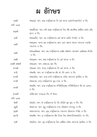 ผ อักษร
ผณติ ยอมแผ, ฯลฯ. ผณฺ ธาตุในความ ไป แผ ขยาย (แผกวางออกไป), อ ปจ.
หนา ๑๙๔
ผนฺทติ
ยอมดิ้นรน, ฯลฯ. ผทิ ผนฺทฺ ธาตุในความ ไหว สั่น สะเทือน เคลื่อน เขมน เตน
ตุบๆ. อ ปจ.
ผรติ ยอมแผไป, ฯลฯ. ผรฺ ธาตุในความ แผ ขยาย แผไป ซานไป. อ ปจ.
ผลติ
ยอมแตก, ฯลฯง ผลฺ ธาตุในความ แตก แยก สลาย ทลาย กระจาย กระจัด
กระจาย. อ ปจ.
ผลติ
ยอมเผล็ดผล, ฯลฯ. ผลฺ ธาตุในความ เผล็ด ผลิออก งอกออก เผล็ดผล สําเร็จ.
อ ปจ.
ผฬติ ยอมแตก, ฯลฯ. ผฬฺ ธาตุในความ ไป แผ ขยาย. อ ปจ.
ผเฬติ ผฬยติ ยอมแตก, ฯลฯ. ผฬฺ+เณ ณย ปจ.
ผาณติ ยอมแผ, ฯลฯ. ผาณฺ ธาตุในความ ไป แผ ขยาย. อ ปจ.
ผาติ ยอมตัด, ฯลฯ. ผา ธาตุในความ ตัด ผา ฉีก แหก. อ ปจ.
ผายติ ยอมเจริญ, ฯลฯ. ผายฺ ผายิ ธาตุในความ เจริญ งอกงาม รุงเรือง, อ ปจ.
ผารติ ยอมบวม. ผารุ ธาตุในความ นูน บวม. อ ปจ.
ผาลติ
ยอมขีด, ฯลฯ. ผาลฺ ธาตุในความ ทําใหเปนรอย ทําใหเปนทาง ขีด ผา แหวะ.
อ ปจ.
ผาเลหิ จงขีด,ฯลฯ. ผาลฺ+เอ ปจ. หิ ปญจ.
หนา ๑๙๕
ผิยติ ยอมไป, ฯลฯ. ผิ ธาตุในความ ไป ถึง เปนไป สูง นูน. ย ปจ. กัต.
ผุฏติ ยอมบาน, ฯลฯ. ผุฏþ ธาตุในความ บาน เปดออก ปรากฏ. อ ปจ.
ผุณติ ยอมกระจาย, ฯลฯ. ผุณฺ ธาตุในความ กระจาย เรียงราย กําจัด. อ ปจ.
ผุนาติ ยอมฝด, ฯลฯ. ผุ ธาตุในความ ฝด โปรย โรย (คอยๆโปรยลงไป). นา ปจ.
ผรติ ยอมไหว, ฯลฯ. ผุรฺ ธาตุในความ ไหว เคลื่อน เจริญ งอกงาม รุงเรือง. อ ปจ.
 