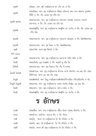โ ป ป ป ป โ
เ อ
ยุงฺคติ ยอมละ, ฯลฯ. ยุคิ ธาตุในความ ละ เวน งด. อ ปจ.
ยุชฺชติ
ยอมมั่นคง, ฯลฯ. ยุชฺ ธาตุในความ มั่นคง แข็งแรง ชอบ ควร สมควร ถูกตอง
ใชได. ย ปจ. กัต. แปลง ชฺย เปน ชฺช.
ยุชฺชติ ยุชฺชเต
ยอมประกอบ, ฯลฯ. ยุชฺ ธาตุในความ ประกอบ ประสม รวมรวม กระทํา
พยายาม. ย ปจ. กัม. แปลง ชฺย เปน ชฺช.
ยุชฺฌติ
ยอมตอสูกัน, ฯลฯ. ยุธฺ ธาตุในความ ตอสูกัน รบ รบกัน. ย ปจ. กัต. แปลง ธฺย
เปน ชฺฌ.
ยุฺฉติ ยอมประมาท, ฯลฯ. ยุฉฺ ธาตุในความ ประมาท เลินเลอ. อ ปจ. นิคคหิตอาคม.
ยุฺชติ ยอมประกอบ, ฯลฯ. ยุชฺ โยเค. อ ปจ. นิคคหิตอาคม.
ยุสติ ยอมกําจัด, ฯลฯง ยุสฺ หึสายํ. อ ปจ.
หนา ๒๑๙
เยสติ ยอมพยายาม, ฯลฯ. ยุสฺ ธาตุในความ พยายาม หมั่น ขยัน. อ ปจ.
โ ิ
ยชติ  ป ไป ป ิ ํ ป ิ ป โ
ยอมเ นไป, ยุชฺ วตฺติยํ. อ จ. พฤทธิ อุ เ น อ.
โยชิยติ ยอมประกอบ, ฯลฯ. ยุชฺ โยเค.ย ปจ. กัม. อิ อาคม.
โยเชติ โยชยติ
ยอมสํารวม, ฯลฯ. ยุชฺ ธาตุในความ สํารวม ระวัง ปองกัน. เณ ณย ปจ. ยอม
ใหสํารวม, ฯลฯง เณ ณย ปจ. เหตุ.
โยฏติ ยอมสัมพันธ, ฯลฯ. โยฏþ ธาตุในความสัมพันธเกี่ยวเนื่อง เกี่ยวเนื่องกัน. อ ปจ.
โยเฏติ โยฏยติ ยอมระคน, ฯลฯ. ยุฏþ ธาตุในความ ระคน ปนกัน มั่วสุม. เณ ณย ปจ.
โยตติ ยอมกลาว, ฯลฯ. ยุตฺ ธาตุในความ กลาว เปลง. อ ปจ.
โยธติ ยอมตอสูกัน, ฯลฯ. ยุธฺ ธาตในความ ตอสูกัน รบ รบกัน. อ ปจ.
ร อักษร
รกฺขติ ยอมเลี้ยง, ฯลฯ. รกฺขฺ ธาตุในความ เลี้ยง รักษา ถนอม ปองกัน. อ ปจ.
รกฺขถ ยอมรักษา, จงรักษา. รกฺขฺ+อ ปจ. ถ วัต. ปญจ.
รขติ ยอมไป, ฯลฯง รขฺ ธาตุในความ ไป ถึง เปนไป. อ ปจ.
รงขติ
รงฺขต ยอมไป ฯลฯ รขิ ธาตในความ ไป ถึง เปนไป อ ปจ
ยอมไป, ฯลฯ. รข ธาตุในความ ไป ถง ปนไป. ปจ.
รงฺคติ ยอมไป, ฯลฯง รคิ รงฺคฺ ธาตุในความ ไป ถึง เปนไป. อ ปจ.
 