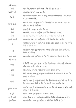 ใ ใ ใ ใ ใ
ร ร . ร ม. ณ .
หนา ๒๒๓
ริจติ ยอมเสื่อม, ฯลฯง ริจฺ ธาตุในความ เสื่อม สิ้น สูญ. อ ปจ.
ริเจติ ริจยติ ยอมเสื่อม, ฯลฯง ริจฺ+เณ ณย ปจ.
ริฺจติ
ยอมลางใหหมดมลทิน, ฯลฯ. ริจฺ ธาตุในความ ลางใหหมดมลทิน ถาย ระบาย.
อ ปจ. นิคคหิตอาคม.
ริณาติ รินาติ
ยอมไป, ฯลฯง ริ ธาตุในความ ไป ถึง แสดง. นา ปจ. กิริยาตน แปลง นา
เปน ณา. เปน รี ธาตุไดรูปเปฌ
ริยติ ยอมอยู. ริ ธาตุในความ อยู ย ปจ. กัต.
ริสติ ยอมจํากัด, ฯลฯง ริสฺ ธาตุในความ กําจัด เบียดเบียน. อ ปจ.
รุกฺขติ ยอมปองกัน, ฯลฯ. รุกฺขฺ ธาตุในความ ระวัง ปองกัน รักษา. อ ปจ.
รุกฺเขติ รุกฺขยติ ยอมหยาบ, ฯลฯ. รุกฺขฺ ธาตุในความ ระวัง ปองกัน รักษา. อ ปจ.
รุจิ
รุงเรืองแลว, ฯลฯง รุจฺ ธาตุในความ รุงเรือง สวาง สองสวาง สวยงาม ชอบใจ
ยินดี. อ ปจ. อี อัช.
รุจฺจติ
ใ ใ ใ ใ ใ ิ ี  ั
ยอมชอบ จ, ฯลฯ. รุจฺ ธาตุ นความ ชอบ จ ถูก จ พอ จ ยินดี. ย ปจ. กัต.
แปลง จฺย เปน จฺจ.
รุจฺจติ รุจฺจเต ยอมชอบใจ, ฯลฯ. รุจฺ โรจเน. ย ปจ. กัม. แปลง จฺย เปน จฺจ ติ, เต วัต.
หนา ๒๒๔
รุจฺฉติ
จักรองไห, ฯลฯ. รุทฺ ธาตุในความ รองไห หลั่งน้ําตา. อ ปจ. สฺสติ แปลง สฺส
เปน ฉ ลบ อ ปจ. แปลง ทฺ เปน จฺ.
รุชติ ยอมทําลาย, ฯลฯ. รุชฺ ธาตุในความ ทําลาย สลาย. อ ปจ.
รุชฺชติ
ยอมเสียดแทง, ฯลฯ. รุชฺ ธาตุในความ เสียดแทง ทําลาย สลาย. ย ปจ. กัต.
แปลง ชฺย เปน ชฺช.
รุชฺฌติ
ยอมกั้น, ฯลฯ. รุธิ ธาตุในความ กั้น ปด ลอม ขัดขวาง หาม ใคร ชอบ รัก รัก
ใคร ชอบใจ พอใจ ยินดี. ย ปจ. กัต. ลบ อิ แปลง ธฺย เปน ชฺฌ.
รุชฺฌติ รุชฺฌเต
ยอมกั้น, ฯลฯ. รุธิ ธาตุในความ กั้น, ฯลฯ. ย ปจ. กัม. แปลง ธฺย เปน ชฺฌ อิ
อาคม ลบ อิ ติ, เต วัต.
รุณฺฏติ ยอมลัก, ฯลฯ. รุ ธาตุในความ ลัก ขโมย. อ ปจ.
รณาติ รโณติ
ุณาต ุโณต ยอมเรารอน, ฯลฯ. ร ธาตในความ เรารอน รอนใจ กลัดกลม. ณา ณ ปจ.
ยอมเรารอน, ฯลฯ ุ ธาตุในความ เรารอน รอนใจ กลดกลุ ณา ุ ปจ
รุทติ โรทติ ยอมหลั่งน้ําตา, ฯลฯ. รุ ธาตุในความ หลั่งน้ําตา, รองไห. อ ปจ.
 