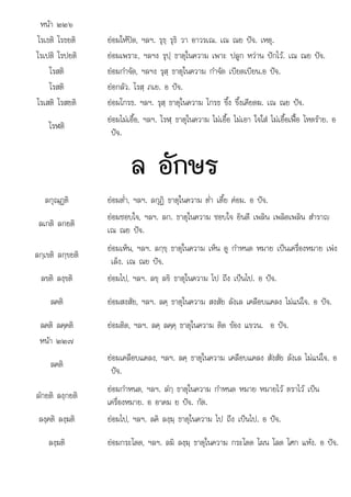 หนา ๒๒๖
โรเธติ โรธยติ ยอมใหปด, ฯลฯ. รุธฺ รุธิ วา อาวรเณ. เณ ณย ปจ. เหตุ.
โรเปติ โรปยติ ยอมเพราะ, ฯลฯง รุปฺ ธาตุในความ เพาะ ปลูก หวาน ปกไว. เณ ณย ปจ.
โรสติ ยอมกําจัด, ฯลฯง รุสฺ ธาตุในความ กําจัด เบียดเบียน.อ ปจ.
โรสติ ยอกลัว. โรสฺ ภเย. อ ปจ.
โรเสติ โรสยติ ยอมโกรธ. ฯลฯ. รุสฺ ธาตุในความ โกรธ ขึ้ง ขึ้งเคียดฆ. เณ ณย ปจ.
โรฬติ
ยอมไมเอื้อ, ฯลฯ. โรฬฺ ธาตุในความ ไมเอื้อ ไมเอา ใจใส ไมเอื้อเฟอ โหดราย. อ
ปจ.
ล อักษร
ลกุณฺฏติ ยอมต่ํา, ฯลฯ. ลกุฏิ ธาตุในความ ต่ํา เตี้ย คอม. อ ปจ.
ลเกติ ลกยติ
ลเกต ลกยต
ยอมชอบใจ, ฯลฯ. ลก. ธาตุในความ ชอบใจ ยินดี เพลิน เพลิดเพลิน สําราญ
เณ ณย ปจ.
ลกฺเขติ ลกฺขยติ
ยอมเห็น, ฯลฯ. ลกฺขฺ ธาตุในความ เห็น ดู กําหนด หมาย เปนเครื่องหมาย เพง
เล็ง. เณ ณย ปจ.
ลขติ ลงฺขติ ยอมไป, ฯลฯ. ลขฺ ลขิ ธาตุในความ ไป ถึง เปนไป. อ ปจ.
ลคติ ยอมสงสัย, ฯลฯ. ลคฺ ธาตุในความ สงสัย ลังเล เคลือบแคลง ไมแนใจ. อ ปจ.
ลคติ ลคฺคติ ยอมติด, ฯลฯ. ลคฺ ลคฺคฺ ธาตุในความ ติด ของ แขวน. อ ปจ.
หนา ๒๒๗
ลคติ
ยอมเคลือบแคลง, ฯลฯ. ลคฺ ธาตุในความ เคลือบแคลง สังสัย ลังเล ไมแนใจ. อ
ปจ.
ลํกยติ ลงฺกยติ
ยอมกําหนด, ฯลฯ. ลํกฺ ธาตุในความ กําหนด หมาย หมายไว ตราไว เปน
เครื่องหมาย. อ อาคม ย ปจ. กัต.
ลงฺคติ ลงฺฆติ ยอมไป, ฯลฯ. ลคิ ลงฺฆฺ ธาตุในความ ไป ถึง เปนไป. อ ปจ.
ลงฺฆติ ยอมกระโดด, ฯลฯ. ลฆิ ลงฺฆฺ ธาตุในความ กระโดด โผน โลด โศก แหง. อ ปจ.
 