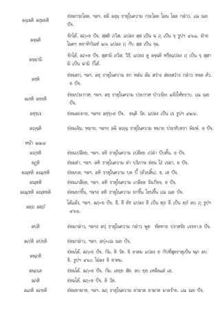+อ . ต .
ลงฺเฆติ ลงฺฆยติ
ยอมกระโดด, ฯลฯ. ลฆิ ลงฺฆฺ ธาตุในความ กระโดด โผน โลด กลาว. เณ ณย
ปจ.
ลจฺฉติ
จักได. ลภฺ+อ ปจ. สฺสติ ภวิส. แปลง สฺส เปน ฉ ภฺ เปน จฺ รูปฯ ๔๖๑. ฝาย
โมคฯ ตยาทิกัณฑ ๒๖ แปลง ภฺ กับ สฺส เปน จฺฉ.
ลจฺฉามิ
จักได, ลภ+อ ปจ. สฺสามิ ภวิส. วิธี, แปลง ดู ลจฺฉติ หรือแปลง ภฺ เปน จฺ สฺสา
มิ เปน ฉามิ ก็ได.
ลชติ
ยอมตก, ฯลฯ. ลชฺ ธาตุในความ ตก หลน ลม สวาง สองสวาง กลาว ทอด คั่ว.
อ ปจ.
ลเชติ ลชยติ
ยอมประกาศ, ฯลฯ. ลชฺ ธาตุในความ ประกาศ ปาวรอง แจงใหทราบ. เณ ณย
ปจ.
ลชฺชเร ยอมละอาย, ฯลฯง ลชฺชฺ+อ ปจ. อนฺติ วัต. แปลง เปน เร รูปฯ ๔๒๖.
ลฺฉติ ยอมเจิม, หมาย, ฯลฯง ลฉิ ลฺฉฺ ธาตุในความ หมาย ประทับตรา พิมพ. อ ปจ.

หนา ๒๒๘
ลฺชติ ยอมเปลือย, ฯลฯ. ลชิ ธาตุในความ เปลือย เปลา บีบคั้น. อ ปจ.
อฏติ ยอมดา, ฯลฯ. ลฑิ ธาตุในความ ดา บริภาษ ออน โง เขลา. อ ปจ.
ลณฺฑติ ลณฺเฑติ ยอมบด, ฯลฯ. ลฑิ ธาตุในความ บด บี้ (ดวยสิ้น). อ, เอ ปจ.
ลณฺฑติ ยอมเกลียด, ฯลฯ. ลฑิ ธาตุในความ เกลียด รังเกียจ. อ ปจ.
ลณฺเฑติ ลณฺฑยติ ยอมยกขึ้น, ฯลฯง ลฑิ ธาตุในความ ยกขึ้น โยนขึ้น เณ ณย ปจ.
ลตฺถ ลตฺถํ
ไดแลว, ฯลฯ. ลภฺ+อ ปจ. อี, อึ อัช แปลง อี เปน ตฺถ อึ เปน ตฺถํ ลบ ภฺ รูปฯ
๔๖๑.
ลปติ ยอมกลาว, ฯลฯง ลปฺ ธาตุในความ กลาว พูด ทัดทาย ปราศรัย เจรจา.อ ปจ.
ลเปติ ลปยติ ยอมกลาว, ฯลฯ. ลปฺ+เณ ณย ปจ.
ลพฺภติ
ยอมได. ลภฺ+ย ปจ. กัม. ติ วัต. อิ อาคม แปลง ย กับที่สุดธาตุเปน พฺภ ลบ
อิ. รูปฯ ๔๖๐ ไมลง อิ อาคม.
ลพฺภเต ยอมได. ลภฺ+ย ปจ. กัม. เอยฺย สัต. ลบ ยฺย เหลือแต เอ.
ลภติ
ลภต ยอมได, ลภ+อ ปจ. ติ วัต.
ยอมได, ลภฺ ปจ วต
ลเภติ ลภยติ ยอมอาฆาต, ฯลฯ. ลภฺ ธาตุในความ อาฆาต อาฆาต มาดราย. เณ ณย ปจ.
 