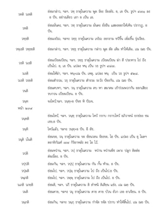 ไ ป ป
วทติ วเทติ
ยอมกลาว, ฯลฯ. วทฺ ธาตุในความ พูด รอง รองดัง. อ, เอ ปจ. รูปฯ ๔๗๑ ลง
อ ปจ. อยางเดียว เอา อ เปน เอ.
วทติ
ยอมมั่นคง, ฯลฯ. วทฺ ธาตุในความ มั่นคง ยั่งยืน แสดงออกใหเห็น ปรากฏ. อ
ปจ.
วทฺธติ ยอมเจริญ, ฯลฯง วทฺธฺ ธาตุในความ เจริญ งอกงาม ทวีขึ้น เพิ่มขึ้น รุงเรือง.
วทฺเธติ วทฺธยติ ยอมกลาว, ฯลฯ. วทฺธฺ ธาตุในความ กลาว พูด ตัด เต็ม ทําใหเต็ม. เณ ณย ปจ.
วธติ วเธติ
ยอมเบียดเบียน, ฯลฯ. วทฺธฺ ธาตุในความ เบียดเบียน ฆา ตี ประหาร ไป ถึง
เปนไป. อ, เอ ปจ. แปลง หนฺ เปน วธ รูปฯ ๔๘๗.
วเธติ ยอมใหฆา, ฯลฯ. หนฺ+เณ ปจ. เหตุ. แปลง หนฺ เปน วธ รูปฯ ๕๒๘.
วเธติ วธยติ ยอมสํารวม, วธฺ ธาตุในความ สํารวม ระวัง ปองกัน. เณ ณย ปจ.
วนติ
ยอมคบหา, ฯลฯ. วนฺ ธาตุในความ คบ หา สมาคม เขารวมพวกกัน ออกเสียง
รบกวน เบียดเบียน. อ ปจ.
วนฺท ไ  ป ิ ป
จง หว,ฯลฯ. วนฺทฺ+อ จซ หิ ญจ.
หนา ๒๓๙
วนฺทติ
ยอมไหว, ฯลฯ. วนฺทฺ ธาตุในความ ไหว กราบ กราบไหว อภิวาทน ยกยอง ชม
เชย.อ ปจ.
วนฺทิ ไหวแลว, ฯลฯง วนฺทฺ+อ ปจ. อี อัช.
วนุติ วโนติ
ยอมขอ, วนฺ ธาตุในความ ขอ ออนวอน รองขอ. โอ ปจ. แปลง เปน อุ โมคฯ
ตยาทิกัณฑ ๗๗ กิริยาหลัง คง โอ ไว.
วปติ
ยอมหวาน, ฯลฯ. วปฺ ธาตุในความ หวาน หวานพืช เพาะ ปลูก ติดตอ
ตอเนื่อง. อ ปจ.
วปฺปติ ยอมกัน, ฯลฯ. วปฺปฺ ธาตุในความ กัน กั้น หาม. อ ปจ.
วปฺผติ ยอมไป, ฯลฯ. วปฺผฺ ธาตุในความ ไป ถึง เปนไป.อ ปจ.
วพฺภติ ยอมไป, ฯลฯ. วพฺพฺ ธาตุในความ ไป ถึง เปนไป. อ ปจ.
วเภติ วภยติ ยอมติ, ฯลฯ. วภี ธาตุในความ ติ ตําหนิ ติเตียน แชง. เณ ณย ปจ.
วมติ ยอมคาย, ฯลฯง วมุ ธาตุในความ คาย คาย บวน อวก เรอ อาเจียน. อ ปจ.
วมฺภติ ใ ใ ้ ไ
ยอมกิน, ฯลฯง วมฺภฺ ธาตุในความ กําจัด ขจัด ปราบ ทําใหสิ้นไป. เณ ณย ปจ.
 