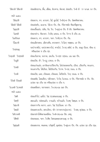 ไ
วิลินาติ วิลีนาติ ยอมอัตรธาน, สิ้น, เสื่อม, ฉิบหาย, พินาศ, ยอยยับ. วิ+ลิ ลี วา นาเส. นา ปจ.
หนา ๒๕๓
วิลิมฺปติ ยอมฉาบ, ทา, ฉาบทา, ไล, ลูบไล. วิ+ลิปฺ+อ ปจ. นิคคหิตอาคม.
วิลิยติ วิลียติ ยอมยอยับ, ละลาย. วิลิ+ย ปจ. กัต. กิริยาหลัง ทีฆะที่สุดธาตุ.
วิลุมฺปติ ยอมเยื้อแยง, ปลน, ชิง, ริบ. วิ+ลุปฺ+อ ปจ. อี อัช. นิคคหิตอาคม.
วิเลขติ ยอมกลาว, ขัดเกลา. วิ+ลิขฺ เลขเน. อ ปจ. วิการ อิ เปน เอ.
วิเลปยเต ยอมฉาบ, ทา, ฉาบทา, ฯลฯ. วิ+ลิปฺ+ย ปจ. กัม.
วิโลเกติ ยอมเลือกสรร, เลือกเฟน, ตรวจตรา. วิ+โลกฺ ทสฺสเน. เอ ปจ.
วิวชฺชนฺตุ
จงบําราศไป, จงปราศจากไป, หายไป. วิ+วชฺ คติยํ. อ ปจ. อนฺตุ ปญจ. ซอน ชฺ
หรือแปลง ช เปน ชฺช.
วิวชฺเชติ วิวชฺชยติ ยอมเวนขาด, จะขาด, งดเวน. วิ+วชฺช วชฺชเน. เณ ณย ปจ.
วิวฏติ ยอมเปด, อา. วิ+วฏþ เว€เน. อ ปจ.
วิวทติ
ั ี ั ไ ั ี ี ั
ยอมแกงแยง, เอารัดเอาเปรียบกัน, มปรองดองกัน, เถียง, เถียงกัน, ทะเลาะ,
ทะเลาะกัน, โตเถียง, โตเถียงกัน, วิวาท. วิ+วทฺ วจเน. อ ปจ.
วิวรติ ยอมเปด, เผย, เปดเผย, เปดเผย, ไมปดบัง. วิวรฺ วรเณ. อ ปจ.
วิวิจติ วิวิจฺจติ
ยอมสงัด, โดดเดี่ยว, ปลีกออก. วิ+วิจฺ วิเวจเน. อ ปจ. กิริยาหลัง ย ปจ. กัต.
แปลง จฺย เปน จฺจ หรือแปลง ย เปน จ.
วิเวเ€ติ วิเว€ยติ ยอมคลี่ออก, ขยายออก. วิ+เว€ฺ+เณ ณย ปจ.
หนา ๒๕๔
วิสติ ยอมเขาไป, แผไป. วิสฺ ปเวสนผรเณสุ. อ ปจ.
วิสชฺชิ สละแลว, ปลอยแลว, วางแลว, ขวางแลว. วิ+สชฺ วิสคฺเค. อ ปจ.
วิสฺนาติ ยอมจากกัน พราก, แยก. วิสฺ วิปฺปโยเค. นา ปจ.
วิสมติ ยอมสงบระงับ, สงบเงียบ, พัก (จากความวุนวาย). วิ+สมฺ อุปสเม. อ ปจ.
วิสํวาเทติ ยอมกลาวใหคลาดเคลื่อน. วิ+สํ+วทฺ+เณ ปต. เหตุ.
วิสีทติ ยอมจมลง, ฯลฯ. วิ+สีทฺ วิสรณคตฺยวสาเนสุ. อ ปจ.
วิสุชฺฌติ ยอมสะอาด, หมดจด, บริสุทธิ์, ผุดผอง. วิ+สุธฺ+ย ปจ. กัต. แปลง ธฺย เปน ชฺฌ.
 