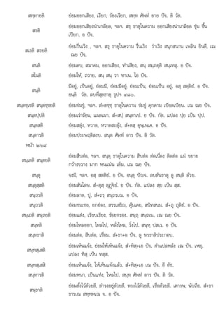ส+
สทฺทายติ ยอมออกเสียง, เรียก, รองเรียก, สทฺท ศัพท อาย ปจ. ติ วัต.
สธติ
ยอมออกเสียงนาเกลียด, ฯลฯ. สธฺ ธาตุในความ ออกเสียงนาเกลียด ชุม ชื้น
เปยก. อ ปจ.
สเธติ สธยติ
ยอมรื่นเริง , ฯลฯ. สธุ ธาตุในความ รื่นเริง ราเริง สนุกสนาน เพลิน ยินดี, เณ
ณย ปจ.
สนติ ยอมคบ, สมาคม, ออกเสียง, ทําเสียง, สนฺ สมฺภตฺติ สนฺเทสุ. อ ปจ.
สโนติ ยอมให, ถวาย. สนฺ สนฺ วา ทาเน. โอ ปจ.
สนฺติ
มีอยู, เปนอยู, ยอมมี, ยอมมีอยู, ยอมเปน, ยอมเปน อยู. อสฺ สตฺติยํ. อ ปจ.
อนฺติ วัต. ลบที่สุดธาตุ รูปฯ ๔๘๐.
สนฺตชฺเชติ สนฺตชฺชยติ ยอมขมขู, ฯลฯ. สํ+ตชฺชฺ ธาตุในความ ขมขู คุกคาม เบียดเบียน. เณ ณย ปจ.
สนฺตปฺปติ ยอมเรารอน, แผดเผา. สํ+สปฺ สนฺตาเป. ย ปจ. กัต. แปลง ปฺย เปน ปฺป.
สนฺตสติ ยอมสดุง, หวาด, หวาดสะดุง, สํ+ตสฺ อุพฺเพเค. อ ปจ.
สนฺตารติ ยอมประพฤติสงบ. สนฺต ศัพท อาร ปจ. ติ วัต.

หนา ๒๖๘
สนฺเตติ สนฺตยติ
ยอมสืบตอ, ฯลฯ. สนฺตฺ ธาตุในความ สืบตอ ตอเนื่อง ติดตอ แผ ขยาย
กวางขวาง มาก หนแนน เต็ม. เณ ณย ปจ.
สนฺตุ จงมี, ฯลฯ. อสฺ สตติยํ. อ ปจ. อนฺตุ ปญจ. ลบตนธาตุ ดู สนฺติ ดวย.
สนฺตุสฺสติ ยอมสันโดษ. สํ+ตุสฺ ตุฏþ€ยํ. ย ปจ. กัต. แปลง สฺย เปน สฺส.
สนฺถรติ ยอมลาด, ปู. สํ+ถรฺ สนฺถรเณ. อ ปจ.
สนฺถวติ ยอมชมเชย, ยกยอง, สรรเสริญ, คุนเคย, สนิทสนม. สํ+ถุ ถุติยํ. อ ปจ.
สนฺเถติ สนฺถยติ ยอมแตง, เรียบเรียง, รอยกรอง. สนฺถฺ สนฺถเน. เณ ณย ปจ.
สนฺทติ ยอมไหลออก, ไหลไป, หลั่งไหล, วิ่งไป. สนฺทฺ ปสเว. อ ปจ.
สนฺทธาติ ยอมตอ, สืบตอ, เชื่อม. สํ+ธา+อ ปจ. ดู ทรธาติประกอบ.
สนฺทสฺเสติ
ยอมเห็นแจง, ยอมใหเห็นแจง, สํ+ทิสฺ+เอ ปจ. คําแปลหลัง เณ ปจ. เหตุ.
แปลง ทิสฺ เปน ทสฺส.
สนฺทสฺเสสิ ยอมเห็นแจง, ใหเห็นแจงแลว. สํ+ทิสฺ+เอ เณ ปจ. อี อัช.
สนฺทารติ ยอมหนา, เปนแทง, ไหลไป. สนฺท ศัพท อาร ปจ. ติ วัต.
สนฺธาติ
ยอมตั้งไวดวยดี ดํารงอยดวยดี ทรงไวดวยดี เชื่อดวยดี เคารพ นับถือ สํ+ธา
ยอมตงไวดวยด, ดารงอยูดวยด, ทรงไวดวยด, เชอดวยด. เคารพ, นบถอ. ธา
ธารเณ สทฺทหเณ จ. อ ปจ.
 