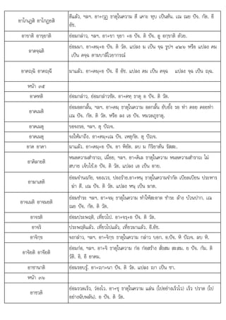 ป
อา+ช ( ) (
อาโกเฏสิ อาโกฏยสิ
ตีแลว, ฯลฯ. อา+กุฏ ธาตุในความ ตี เคาะ ทุบ เปนตน. เณ ณย ปจ. กัต. อี
อัช.
อาขาติ อาขฺยาติ ยอมกลาว, ฯลฯ. อา+ขา ขฺยา +อ ปจ. ติ ปจ. ดู อกฺขาติ ดวย.
อาคจฺฉติ
ยอมมา. อา+คมฺ+อ ปจ. ติ วัต. แปลง ม เปน จฺฉ รูปฯ ๔๒๖ หรือ แปลง คม
เปน คจฺฉ ตามบาลีไวยากรณ
อาคฺฉิ อาคฺฉี มาแลว. อา+คมฺ+อ ปจ. อี อัช. แปลง คม เปน คจฺฉ แปลง จฺฉ เปน ฺฉ.
หนา ๓๕
อาคทติ ยอมกลาว, ยอมกลาวชัด. อา+คทฺ ธาตุ อ ปจ. ติ วัต.
อาคเมติ
ยอมอดกลั้น, ฯลฯ. อา+คมฺ ธาตุในความ อดกลั้น ยับยั้ง รอ ทา คอย คอยทา
เณ ปจ. กัต. ติ วัต. หรือ ลง เอ ปจ. หมวดภูธาตุ.
อาคเมตุ ขอจงรอ, ฯลฯ. ตุ ปญจ.
อาคเมตุ จงใหมาถึง. อา+คมฺ+เณ ปจ. เหตุกัต. ตุ ปญจ.
อาค อาคา  ป ิ ั ิ ิ  ั
มาแลว. อา+คมฺ+อ จ. อา หิยัต. ลบ ม กิริยาตน รัสสะ.
อาคิลายติ
หมดความสําราญ, เมื่อย, ฯลฯ. อา+คิเล ธาตุในความ หมดความสําราญ ไม
สบาย เจ็บไข.อ ปจ. ติ วัต. แปลง เอ เปน อาย.
อาฆาเตติ
ยอมจํานงภัย, จองเวร, ปองราย.อา+หนฺ ธาตุในความจํากัด เบียดเบียน ประหาร
ฆา ตี. เณ ปจ. ติ วัต. แปลง หนฺ เปน ฆาต.
อาจเมติ อาจมยติ
ยอมชําระ ฯลฯ. อา+จมฺ ธาตุในความ ทําใหสะอาด ชําระ ลาง บวนปาก. เณ
ณย ปจ. กัต. ติ วัต.
อาจรติ ยอมประพฤติ, เที่ยวไป. อา+จรฺ+อ ปจ. ติ วัต.
อาจริ ประพฤติแลว. เที่ยวไปแลว, เที่ยวมาแลว. อี.อัช.
อาจิกฺข จงกลาว, ฯลฯ. อา+จิกฺข ธาตุในความ กลาว บอก. อ.ปจ. หิ ปญจ. ลบ หิ.
อาจิยติ อาจียติ
ยอมกอ, ฯลฯ. อา+จิ ธาตุในความ กอ กอสราง สั่งสม สะสม. ย ปจ. กัม. ติ
วัติ. อิ, อี อาคม.
อาชานาติ ยอมรอบรู. อา+ญา+นา ปจ. ติ วัต. แปลง ญา เปน ชา.
หนา ๓๖
อาชวติ
ยอมรวดเร็ว วองไว อา+ช ธาตในความ แลน (ไปอยางเร็วไว) เร็ว ปราด (ไป
ยอมรวดเรว, วองไว. ุ ธาตุในความ แลน ไปอยางเรวไว เรว ปราด ไป
อยางฉับพลัน). อ ปจ. ติ วัต.
 