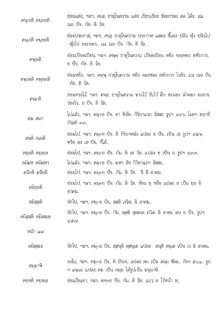 อ ปจ กได
. +ย . . ต . ย ห.
คนฺเถติ คนฺถยติ
ยอมแตง, ฯลฯ. คนฺถฺ ธาตุในความ แตง เรียบเรียง รอยกรอง คด โคง. เณ
ณย ปจ. กัต. ติ วัต.
คนฺเธติ คนฺธยติ
ยอยประกาศ, ฯลฯ. คนฺธฺ ธาตุในความ ประกาศ แสดง ชี้แจง ปลิว ฟุง ปลิวไป
ฟุงไป ตระหลบ. เณ ณย ปจ. กัต. ติ วัต.
คพฺพติ
ยอมเบียดเบียน, ฯลฯ. คพฺพฺ ธาตุในความ เบียดเบียน หยิ่ง จองหอง อหังการ.
อ ปจ. กัต. ติ วัต.
คพฺเพติ คพฺพยติ
ยอมหยิ่ง, ฯลฯ. คพฺพฺ ธาตุในความ หยิ่ง จองหอง อหังการ ไวตัว. เณ ณย ปจ.
กัต. ติ วัต.
คพฺภติ
ยอมทรงไว, ฯลฯ. คพฺภฺ ธาตุในความ ทรงไว รับไว คึก คะนอง ลําพอง องอาจ
วองไว. อ ปจ. ติ วัต.
คม คมา
ไปแลว, ฯลฯ. คมฺ+อ ปจ. อา หิยัต. กิริยาแรก รัสสะ รูปฯ ๔๓๖ โมคฯ ตยาทิ
กัณฑ ๓๓.
คมติ คเมติ
ยอมไป, ฯลฯ. คมฺ+อ ปจ. ติ กิริยาหลัง แปลง อ ปจ. เปน เอ รูปฯ ๔๒๖
หรือ ลง เอ ปจ ก็ได
หรื ลง เอ  . .
คมฺมติ คมฺมเต ยอมไป, ฯลฯ. คมฺ+ย ปจ. กัม. ติ เต วัต. แปลง ย เปน ม รูปฯ ๔๓๓.
คมิมฺห คมิมฺหา ไปแลว, ฯลฯ. คมฺ+อ ปจ. มฺหา อัช กิริยาแรก รัสสะ.
คมิยติ คมียติ ยอมไป, ฯลฯ. คมฺ+ย ปจ. กัม. ติ วัต. อิ อี อาคม.
คมิยฺยติ
ยอมไป, ฯลฯ. คมฺ+ย ปจ. กัม. ติ วัต. ซอน ยฺ หรือ แปลง ย เปน ยฺย อิ
อาคม.
คมิสฺสติ จักไป, ฯลฯ. คมฺ+อ ปจ. สฺสติ ภวิส. อิ อาคม.
คมิสฺสติ คมิสสเต
จักไป, ฯลฯ. คมฺ+ย ปจ. กัม. สฺสติ สฺสตเต ภวิส. อิ อาคม ลบ ย ปจ. รูปฯ
๔๕๗.
หนา ๘๙
คมิสฺสเร จักไป, ฯลฯ. คมฺ+อ ปจ. สฺสนฺติ สฺสนฺเต แปลง อนฺติ อนฺเต เปน เร อิ อาคม.
คมฺมาหิ
จงไป, ฯลฯ. ทมฺ+อ ปจ. หิ ปญจ. แปลง คม เปน คมฺม ทีฆะ. กัจฯ ๕๐๑. รูป
ฯ ๔๒๗ แปลง คม เปน ฆมฺม ไดรูปเปน ฆมฺมาหิ.
คยหติ คยหเต
คยฺหต คยฺหเต ยอมถือเอา, ฯลฯ. คห+ย ปจ. กัม. ติ วัต. แปร ย ไวหนา ห.
ยอมถอเอา, ฯลฯ คหฺ ปจ กม วต แปร ไวหนา ฺ
 