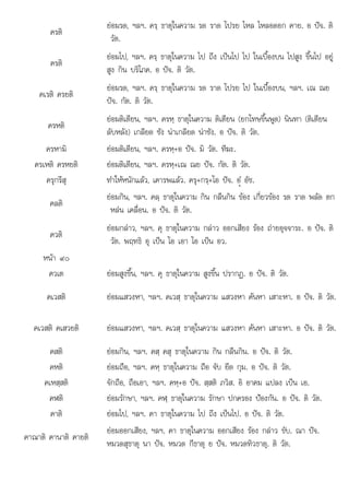ใ
ครติ
ยอมรด, ฯลฯ. ครฺ ธาตุในความ รด ราด โปรย ไหล ไหลอดอก คาย. อ ปจ. ติ
วัต.
ครติ
ยอมไป, ฯลฯ. ครฺ ธาตุในความ ไป ถึง เปนไป ไป ในเบี้องบน ไปสูง ขึ้นไป อยู
สูง กิน บริโภค. อ ปจ. ติ วัต.
คเรติ ครยติ
ยอมรด, ฯลฯ. ครฺ ธาตุในความ รด ราด โปรย ไป ในเบื้องบน, ฯลฯ. เณ ณย
ปจ. กัต. ติ วัต.
ครหติ
ยอมติเตียน, ฯลฯ. ครหฺ ธาตุในความ ติเตียน (ยกโทษขึ้นพูด) นินทา (ติเตียน
ลับหลัง) เกลียด ชัง นาเกลียด นาชัง. อ ปจ. ติ วัต.
ครหามิ ยอมติเตียน, ฯลฯ. ครหฺ+อ ปจ. มิ วัต. ทีฆะ.
ครเหติ ครหยติ ยอมติเตียน, ฯลฯ. ครหฺ+เณ ณย ปจ. กัต. ติ วัต.
ครุกรึสุ ทําใหหนักแลว, เคารพแลว. ครุ+กรฺ+โอ ปจ. อํü อัช.
คลติ
ยอมกิน, ฯลฯ. คลฺ ธาตุในความ กิน กลืนกิน ของ เกี่ยวของ รด ราด พลัด ตก
หลน เคลื่อน. อ ปจ. ติ วัต.
ควติ
ใ ี   ิ
ยอมกลาว, ฯลฯ. คุ ธาตุ นความ กลาว ออกเสียง รอง ถายอุจจาระ. อ ปจ. ติ
วัต. พฤทธิ อุ เปน โอ เอา โอ เปน อว.
หนา ๙๐
ควเต ยอมสูงขึ้น, ฯลฯ. คุ ธาตุในความ สูงขึ้น ปรากฏ. อ ปจ. ติ วัต.
คเวสติ ยอมแสวงหา, ฯลฯ. คเวสฺ ธาตุในความ แสวงหา คนหา เสาะหา. อ ปจ. ติ วัต.
คเวสติ คเสวยติ ยอมแสวงหา, ฯลฯ. คเวสฺ ธาตุในความ แสวงหา คนหา เสาะหา. อ ปจ. ติ วัต.
คสติ ยอมกิน, ฯลฯ. คสฺ คสุ ธาตุในความ กิน กลืนกิน. อ ปจ. ติ วัต.
คหติ ยอมถือ, ฯลฯ. คหฺ ธาตุในความ ถือ จับ ยึด กุม. อ ปจ. ติ วัต.
คเหสฺสติ จักถือ, ถือเอา, ฯลฯ. คหฺ+อ ปจ. สฺสติ ภวิส. อิ อาคม แปลง เปน เอ.
คฬติ ยอมรักษา, ฯลฯ. คฬฺ ธาตุในความ รักษา ปกครอง ปองกัน. อ ปจ. ติ วัต.
คาติ ยอมไป, ฯลฯ. คา ธาตุในความ ไป ถึง เปนไป. อ ปจ. ติ วัต.
คาณาติ คานาติ คายติ
ยอมออกเสียง, ฯลฯ. คา ธาตุในความ ออกเสียง รอง กลาว ขับ. ณา ปจ.
หมวดสุธาตุ นา ปจ. หมวด กีธาตุ ย ปจ. หมวดทิวธาตุ. ติ วัต.
ุ ุ ุ ุ
 