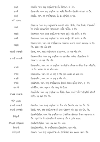 ใ
. . อ .
ตผติ ยอมอิ่ม, ฯลฯ. ตผฺ ธาตุในความ อิ่ม อิ่มหนํา. อ ปจ.
ตมติ ยอมสงสัย, ฯลฯ. ตมฺ ธาตุในความ สงสัย ไมแนใจ ประดับ ตกแตง อ ปจ.
ตยติ ยอมไป, ฯลฯ. ตยฺ ธาตุในความ ไป ถึง เปนไป. อ ปจ.
หนา ๑๒๑
ตรติ
ยอมดวน, ฯลฯ. ตรฺ ธาตุในความ ลอยไป ปลิว ปลิวไป ขาม ขามไป ขามแมน้ํา
ไป ผานไป ผานพนไป หมุนรอบตัว กลิ้ง กลิ้งไป. อ ปจ.
ตฺรสติ ยอมหวาด, ฯลฯ. ตฺรสฺ ธาตุในความ หวาด สุดุง กลัว ตกใจ. อ ปจ.
ตสติ ยอมหวาด, ฯลฯ. ตสฺ ธาตุในความ หวาด สะดุง กลัว ตกใจ. อ ปจ.
ตสฺสติ
ยอมกระหาย, ฯลฯ. ตสฺ ธาตุในความ กระหาย ระหาย อยาก ทะยาน. ย ปจ.
กัต. แปลง สฺย เปน สฺส.
ตสฺเสติ ตสฺสยติ ยอมขู, ฯลฯ. ตสฺสฺ ธาตุในความ ขู คุกคาม. เณ ณย ปจ. กัต.
ตาเนติ ตานยติ
ยอมออกเสียง, ฯลฯ. ตนุ ธาตุในความ ออกเสียง กลาว เบียดเบียน ฆา
ประหาร. เณ ณย ปจ. กัต.
ตายติ
 ใ   ี้ ั  ั
ยอมตอตาน, ฯลฯ. ตา เต ธาตุ นความ ตอตาน ตานทาน เลี้ยง รักษา ปองกัน.
อ ปจ. แปลง อา, เอ เปน อาย.
ตายติ ยอมตอตาน, ฯลฯ. ตา เต ธาตุ ย ปจ. กัต. แปลง เอ เปน อา.
ตายติ ยอมตอตาน, ฯลฯ. ตา เต ธาตุ ย ปจ. กัม.
ตายติ ยอมสืบตอ, ฯลฯ. ตายุ ธาตุในความ สืบตอ ติดตอ เลี้ยง รักษา. อ ปจ.
ตาเรหิ จงใหขาม, ฯลฯ. ตรฺ+เณ ปจ. เหตุ. หิ ปญจ.
ตาเลหิ ตาลยหิ
ยอมตั้งมั่น, ฯลฯ. ตลฺ ธาตุในความ ตั้งมั่น มั่นคง ทรงไว ตั้งไว เปนที่ตั้ง เปนที่
อาศัย. เณ ณย ปจ กัต.
หนา ๑๒๒
ตาเสติ ตาสยติ ยอมหาม, ฯลฯ. ตาสฺ ธาตุในความ หาม กัน ปองกัน. เณ ณย ปจ. กัต.
ตาเฬติ ตาฬยติ ยอมตี, ฯลฯ. ตฬฺ ธาตุในความ ตี เคาะ ประหาร ฆา. เณ ณย ปจ. กัต.
ติกิจฺฉติ
ยอมบําบัดโรค, ฯลฯ. กิตฺ ธาตุในความ บําบัดโรค เยียวยา รักษา พยาบาล. ฉ
ปจ. เทฺวภาวะ กิ แปลงเปน ติ แปลง ตฺ เปน จฺ รูปฯ ๕๑๖.
ติกิจฺเฉติ ติกิจฺฉยติ ยอมใหบําบัดโรค, ฯลฯ. เณ ณย ปจ. เหตุ.
ติกณาติ
ตกุณาต ยอมเบียดเบียน. ติก ธาตในความเบียดเบียน. อณา ปจ.
ยอมเบยดเบยน ตกฺ ธาตุในความเบยดเบยน ุณา ปจ
ติชณฺหาติ ยอมลับ, ฯลฯ. ติชฺ ธาตุในความ ลับ (ทําใหคม) คม แหลม. ณฺหา ปจ.
 