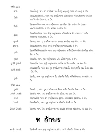 ป ป ป ใ ป
หนา ๑๒๗
ถาติ ยอมตั้งอยู, ฯลฯ. ถา ธาตุในความ ตั้งอยู หยุดอยู คงอยู ดํารงอยู. อ ปจ.
ถิมติ
ยอมเบียดเสียดกัน, ฯลฯ. ถิมฺ ธาตุในความ เบียดเสียด เบียดเสียดกัน ยัดเยียด
รวมกัน ฆา ประหาร. อ ปจ.
ถิยติ
ยอมออกเสียง ฯลฯ. เถ ธาตุในความ ออกเสียง รอง กลาว ฆา ประหาร
รวมกัน ติดตอกัน. อ ปจ. แปลง เอ เปน อิย.
ถีนติ
ยอมเบียดเบียน, ฯลฯ. ถีนฺ ธาตุในความ เบียดเบียน ฆา ประหาร รวมกัน
ติดตอกัน เบียดเสียด. อ ปจ.
ถุนาติ ยอมชม, ฯลฯ. ถุ ธาตุในความ ชม ชมเชย ยกยอง สรรเสริญ. นา ปจ.
ถุพฺพติ ยอมเบียดเบียน, ถุพฺพฺ ถุพฺพิ ธาตุในความเบียดเบียน. อ ปจ.
ถุสติ
ยอมทําใหเปนของเด็ก, ฯลฯ. ถุสฺ ธาตุในความ ทําใหเปนของเล็ก เล็กนอย นอย
นิด. อ ปจ.
ถูณติ ยอมเต็ม, ฯลฯ. ถูณฺ ธาตุในความ เต็ม เปยม บูรณ. อ ปจ.
ป ิ ป ิ
ถูเ ติ ถู ยติ   ึ้ ป ใ  ึ้ ึ้ ึ้ ป
ยอมกอขึน, ฯลฯ. ถู ฺ ธาตุ นความ กอขึน งอกขึน ยกขึน. เณ ณย จ.
ถุเลติ ถูเลติ
ยอมเจริญขึ้น, ฯลฯ. ถุลฺ ถูลฺ ธาตุในความ เจริญขึ้น พอกพูนขึ้น อวน ใหญ, เณ
ปจ. กัต.
ถูลติ
ยอมไถ, ฯลฯ. ถูลฺ ธาตุในความ ไถ เสือกไป ไสไป ทําใหเปนรอย พรวนดิน. อ
ปจ.
หนา ๑๒๘
ถูฬติ ยอมสังวร, ฯลฯ. ถูฬฺ ธาตุในความ สังวร ระวัง ปองกัน รักษา. อ ปจ.
เถเนติ เถนยติ ยอมลัก, ฯลฯ. เถนฺ ธาตุในความ ลัก ขโมย. เณ ณย ปจ.
เถวติ ยอมรุงเรือง, ฯลฯ. ถิวุ ธาตุในความ รุงเรือง สองสวาง สวยงาม. อ ปจ.
โถจติ ยอมเลื่อมใส, ฯลฯ. ถุจฺ ธาตุในความ เลื่อมใส ยินดี. อ ปจ.
โถเมติ โถมยติ ยอมชม, ฯลฯ. โถมฺ ธาตุในความ ชม ชมเชย ยกยอง สรรเสริญ. เณ ณย ปจ.
ท อักษร
ทเกติ ทกยติ ยอมยินดี, ฯลฯ. ถูฬฺ ธาตุในความ สังวร ระวัง ปองกัน รักษา. อ ปจ.
 