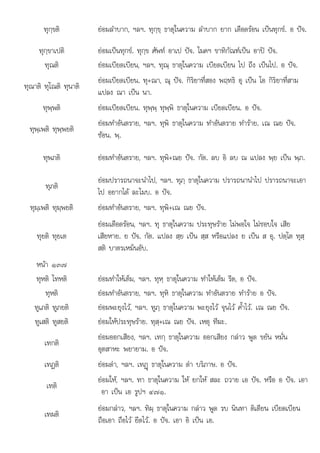 ป
พด
ทุกฺขติ ยอมลําบาก, ฯลฯ. ทุกฺขฺ ธาตุในความ ลําบาก ยาก เดือดรอน เปนทุกข. อ ปจ.
ทุกฺขาเปติ ยอมเปนทุกข. ทุกฺข ศัพท อาเป ปจ. โมคฯ ขาทิกัณฑเปน อาป ปจ.
ทุณติ ยอมเบียดเบียน, ฯลฯ. ทุณฺ ธาตุในความ เบียดเบียน ไป ถึง เปนไป. อ ปจ.
ทุณาติ ทุโณติ ทุนาติ
ยอมเบียดเบียน. ทุ+ณา, ณุ ปจ. กิริยาที่สอง พฤทธิ อุ เปน โอ กิริยาที่สาม
แปลง ณา เปน นา.
ทุพฺพติ ยอมเบียดเบียน. ทุพฺพฺ ทุพฺพิ ธาตุในความ เบียดเบียน. อ ปจ.
ทุพฺเพติ ทุพฺพยติ
ยอมทําอันตราย, ฯลฯ. ทุพิ ธาตุในความ ทําอันตราย ทําราย. เณ ณย ปจ.
ซอน. พฺ.
ทุพภติ ยอมทําอันตราย, ฯลฯ. ทุพิ+ณย ปจ. กัต. ลบ อิ ลบ ณ แปลง พฺย เปน พฺภ.
ทุภติ
ยอมปรารถนาจะนําไป, ฯลฯ. ทุภฺ ธาตุในความ ปรารถนานําไป ปรารถนาจะเอา
ไป อยากได ละโมบ. อ ปจ.
ิ ิ
ทุมฺเพติ ทุมฺพยติ  ํ ั ิ ป
ยอมทําอันตราย, ฯลฯ. ทุพิ+เณ ณย จ.
ทุยติ ทุยเต
ยอมเดือดรอน, ฯลฯ. ทุ ธาตุในความ ประทุษราย ไมพอใจ ไมชอบใจ เสีย
เสียหาย. ย ปจ. กัต. แปลง สฺย เปน สฺส หรือแปลง ย เปน ส อุ. ปตฺโต ทุสฺ
สติ บาตรเหม็นอับ.
หนา ๑๓๗
ทุหติ โทหติ ยอมทําใหเต็ม, ฯลฯ. ทุหฺ ธาตุในความ ทําใหเต็ม รีด, อ ปจ.
ทุหติ ยอมทําอันตราย, ฯลฯ. ทุหิ ธาตุในความ ทําอันตราย ทําราย อ ปจ.
ทูเภติ ทูภยติ ยอมพะยุงไว, ฯลฯ. ทูภฺ ธาตุในความ พะยุงไว จุนไว ค้ําไว. เณ ณย ปจ.
ทูเสติ ทูสยติ ยอมใหประทุษราย. ทุสฺ+เณ ณย ปจ. เหตุ ทีฆะ.
เทกติ
ยอมออกเสียง, ฯลฯ. เทกฺ ธาตุในความ ออกเสียง กลาว พูด ขยัน หมั่น
อุตสาหะ พยายาม. อ ปจ.
เทฏติ ยอมดา, ฯลฯ. เทฏü ธาตุในความ ดา บริภาษ. อ ปจ.
เทติ
ยอมให, ฯลฯ. ทา ธาตุในความ ให ยกให สละ ถวาย เอ ปจ. หรือ อ ปจ. เอา
อา เปน เอ รูปฯ ๔๗๑.
เทผติ
ยอมกลาว ฯลฯ ทิผ ธาตในความ กลาว พด รบ นินทา ติเตียน เบียดเบียน
ยอมกลาว, ฯลฯ. ทผฺ ธาตุในความ กลาว ู รบ นนทา ตเตยน เบยดเบยน
ถือเอา ถือไว ยึดไว. อ ปจ. เอา อิ เปน เอ.
 