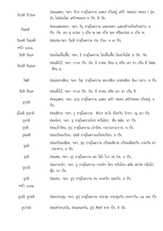 ปจ
ธ . ธป . ต .
ธิกฺขติ ธิกฺขเต
ยอมแสดง, ฯลฯ. ธิกฺข ธาตุในความ แสดง เปนอยู เศรา (หมอง) หมอง ( ขุน
มัว ไมผองใส) เศราหมองง อ ปจ. ติ วัต.
ธิพฺพติ
ยอมแสดงออก, ฯลฯ. ธิวุ ธาตุในความ แสดงออก แสดงอางเปนตัวอยาง. ย
ปจ. กัต. ลบ อุ แปลง วฺ เปน พฺ พฺย เปน พฺพ หรือแปลง ย เปน พ.
ธิมฺหติ ธิเมฺหติ ยอมถม,ฯลฯ. ธิมฺหิ ธาตุในความ ถม บวน. อ เอ ปจ.
หนา ๑๔๑.
ธิยติ ธิยเต ยอมไมเอื้อเฟอ, ฯลฯ. ธิ ธาตุในความ ไมเอื้อเฟอ ไมเอาใจใส. ย ปจ. กัต.
ธิยฺยติ ธิยฺยเต
ยอมฝงไว, ฯลฯ. ธา+ย ปจ. กัม. อิ อาคม ซอน ยฺ หรือ เอา อา เปน อี รัสสะ
ซอน ยฺ.
ธิสติ ยอมออกเสียง, ฯลฯ. ธิสฺ. ธาตุในความ ออกเสียง เปลงเสียง รอง กลาว. อ ปจ.
ธียติ ธียเต ยอมตั้งไว, ฯลฯ. ธา+ย ปจ. กัม. อี อาคม หรือ เอา อา เปน อี.
ธุกฺขติ
ุ
ยอมแสดง, ฯลฯ. ธุกฺขฺ ธาตุในความ แสดง เศรา หมอง เศราหมอง เปนอยู. อ
ปจ
 .
ธุโณติ ธุณาติ ยอมสังวร, ฯลฯ. ธุ ธาตุในความ สังวร ระวัง ปองกัน รักษา. ณุ ณา ปจ.
ธุนาติ ยอมไหว, ฯลฯ. ธุ ธาตุในความไหว หวั่นไหว สั่น สลัด. นา ปจ.
ธุปติ ยอมเรารอน. ธุปฺ ธาตุในความ เรารอน กระวนกระวาย. อ ปจ.
ธุพฺพติ ยอมเบียดเบียน. ธฺพฺพิ ธาตุในความเบียดเบียน. อ ปจ.
ธุมติ
ยอมเบียดเสียด, ฯลฯ. ธุมฺ ธาตุในความ เบียดเสียาด เบียดเสียดกัน รวมกัน ฆา
ประหาร. อ ปจ.
ธุรติ ยอมคด, ฯลฯ. ธุรฺ ธาตุในความ คด โคง โกง งอ บิด. อ ปจ.
ธูนาติ
ยอมกระดิก, ฯลฯ. ธู ธาตุในความ กระดิก ไหว หวั่นไหว สลัด สะบัด ปลิวไป
ฟุง. นา ปจ.
ธูปติ ยอมอบ, ฯลฯ. ธูปฺ ธาตุในความ อบ อบควัน รมควัน. อ ปจ.
หนา ๑๔๒
ธูเปติ ธูปยติ ยอมประชุม, ฯลฯ. ธูปฺ ธาตุในความ ประชุม ประชุมกัน เจรจากัน. เณ ณย ปจ.
ธปายติ
ูปายต ยอมทําอบควัน, ยอมคมควัน. ธป ศัพท อาย ปจ. ติ วัต.
ยอมทาอบควน, ยอมคมควน ู ศพท อาย ปจ วต
 