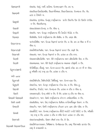 ใ ป
น+ +
นิคฺคณฺหาติ ยอมขม, ขมขู, กดขี่, ลงโทษ. นิ+คหฺ+ณฺหา ปจ. ลบ หฺ.
นิคฺคยฺหติ
ยอมถือเอาโดยไมเหลือ, ถือเอาทั้งหมด, ถือเอาโดยรวม. นิ+คหฺ+ย ปจ. กัม.
แปร ย ไวหนา ห.
นิคฺคูหติ
ยอมซอน, ซุกซอน. นิ+คุหุ ธาตุในความ ระวัง ปองกัน ปด บัง ปดบัง ปกปด.
อ ปจ. ทีฆะตนธาตุ.
นิจฺฉรติ ยอมเปลงออก.นิ+ฉรฺ. อ ปจ. ซอน จฺ.
นิจฺฉุภติ ยอมขับ, ฯลฯ. นิ+ฉุภฺ ธาตุในความ ทิ้ง โยนไป ขับไล. อ ปจ.
นิจฺเฉยฺย พึงตัดสิน. นิ+ฉิ ธาตุในความ ตัด ตัดสิน. อ ปจ. เอยฺย สัต.
นิชฺฌาปยาม
จะชวยใหคิด, ฯลฯ. นิ+เฌ จินฺตายํ ณาปย ปจ. ม วัต. ลบ เอ ทีฆะ อ ที่ ย
ซอน ชฺ.
นิชฺฌาเปนฺติ ยอมใหชวยกันคิด, ฯลฯ. นิ+เฌ จินฺตายํ ณาเป ปจ. อนฺติ วัต.
นิชฺฌายติ ยอมเพง, ฯลฯ. นิ+เฌ จินฺตายํ อ ปจ. แปลง เอ เปน อาย.
นิฺชติ ยอมออกเสียงไมชัด. ฯลฯ. นิชิ ธาตุในความ ออก เสียงไมชัด รอง. อ ปจ.
ิ ิ
นิฺชติ  ิ ิ ิ ิ ใ ิ ิ์ ป
ยอมหมดจด, ฯลฯ. นิชิ นิฺชิ ธาตุ นความ หมดจด บริสุทธิ. อ จ.
นิฏþ€าเปสฺสามิ
จักใหตั้งลง, ตั้งอยู, ฯลฯ. นิ+€า+ณาเป ปจ. สฺสามิ ภวิส. ลบ อา ที่ €า ซอน
ฏþ หรือตั้ง ถปฺ ธาตุ เณ ปจ. แปลง ถ เปน €.
หนา ๑๔๘
นิฏþ€ายติ ยอมใหสําเร็จ, ใหสําเร็จได. ใหตั้งอยู, ฯลฯ. นิ+€า+ณย ปจ.
นิฏþ€ุภติ ยอมบวน, ฯลฯ. นิ+€ุภฺ ธาตุในความ บวน ถม. อ ปจ. ซอน ฏþ.
นิตฺถรติ ยอมขาม, ขามไป, ฯลฯ. นิ+ตรฺ+อ ปจ. แปลง ต เปน ถ ซอน ตฺ.
นิตฺถริ ถอนออกแลว. นิ+ถุ คติยํ อ ปจ. อี อัช. แปลง อุ เปน อร ซอน ตฺ.
นิตมฺมติ นิตฺตมฺมติ ยอมลําบาก, ฯลฯ. นิตมิ ธาตุในความ ลําบาก เหน็ดเหนื่อย. อ ปจ.
นิทติ เนทติ ยอมติเตียน, ฯลฯ. นิทฺ ธาตุในความ ติเตียน ยกโทษขึ้นพูด นินทา. อ ปจ.
นิทมฺปติ ยอมเก็บ, ฯลฯ. นิทป ธาตุในความ เก็บเอา แกะ แคะ เด็ด ปลิด. อ ปจ.
นิทหติ
ยอมตั้งไว, ฯลฯ. นิ+ทหฺ ธาตุในความ ตั้งไว ทรงไว วางไว ฝงไว. อ ปจ. หรือตั้ง
ทธฺ ธาตุ อ ปจ. แปลง ธ เปน ห หรือ นิ+ธา แปลง ธา เปน ทห.
นิทฺทายติ ยอมประพฤติหลับ. นิทฺทา ศัพท อาย ปจ. ติ วัต.
นิทฺเทสติ นิทฺเทสาปยเต
ยอมใหกระจายออก ใหพิศดาร นิ+ทิส+เณ ปจ เหต กิริยาหลัง ณาปย ปจ
ยอมใหกระจายออก, ใหพศดาร. ทสฺ เณ ปจ. เหตุ กรยาหลง ณาปย ปจ.
เหตุ อิ อาคมหนา ย.
 