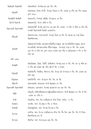 นิมฺมิเลติ นิมฺมิลยติ ยอมหลับตา. นิ+มิลฺ+เณ ณย ปจ. กัต.
นิมุชฺชติ
ยอมจมลง, ดําลง ดําน้ํา. นิ+ยมุ วิรมเน อ ปจ. แปลง มุ เปน จฺฉ กัจฯ ๕๒๒
รูปฯ ๔๖๐.
นิยจฺฉียติ นิยฉียติ ยอมระงับ, กําหนด, ตัดสิน. นิ+ยมุ+อ, เอ ปจ.
นิยาติ นิยฺยาติ ยอมออกไป. นิ+ยา คติยํ อ ปจ.
นิยฺยาเทติ นิยฺยาทยติ
ยอมมอบให. นิ+ยตฺ อุปกาเร เณ ณย ปจ. แปลง ต เปน ท ซอน ยฺ เปน นิยฺ
ยาเตติ นิยฺยาตยติ โดยไม แปลงบาง.
นิโยเชติ
ยอมประกอบ, ประกอบเขา. นิ+ยุชฺ โยเค เอ ปจ. ใน หมวด รุธ ธาตุ ไมลง
นิคคหิตอาคม.
นิรชฺชติ
ยอมคลายกําหนัด, คลายความใครในกามคุณ, ลด ความใครในกามคุณ, คลาย
ความยินดี, คลายความยิน ดีในกามคุณ. นิ+รฺชฺ ราเค ย ปจ. กัต. แปลง
ฺช กับ ย เปน ชฺช. รูปฯ ๕๖๓ แปลง ฺช เปน ช แลวแปลง ช กับ ย ปจ.
เปน ชฺช.

หนา ๑๕๑
นิรสฺสติ
ยอมไมสละ, ไมละ, ไมทิ้ง, ไมซัดสาย. นิ+อสุ เขเป ย ปจ. กัต. ลบ อุ หรือ สฺ+
ย เปน สฺย แปลง สฺย เปน สฺส ติ วัต. รฺ อาคม.
นิรุชฺฌติ
ยอมปดกั้น, ปดลอม, ขัดขวาง, ดับ. นิ+รุธฺ รุธิ อาวรเณ ย ปจ. กัต. แปลง ธฺย
เปน ชฺฌ.
นิรุชฺฌเต ยอมปดกั้น, ฯลฯ. นิ+รุธฺ+ย ปจ. กัม. เต วัต.
นิลินาติ ยอมกอดรัด, สวมกอด. นิ+ลิ สิเลสเน นา ปจ.
นิลฺลาเฬติ นิลฺลาฬยติ ยอมแลบ, แลบออก. นิ+ลฬฺ อุปเสวายํ เณ ณย ปจ. กัต.
นิลียิ
เรนแลว (หลีกหรือหลบจากผูคนเพื่อความวิเวก). นิ+ลี สิเลสเน นา ปจ. อี อัช.
แปลง นา เปน ย.
นิวติ ยอมอวน, ฯลฯ. ติวฺ ธาตุในความ อวน ใหญ. เจริญ. อ ปจ.
นิวตฺตถ จงกลับ, ฯลฯ. นิ+วตฺตฺ อ ปจ. ถ ปญจ.
นิวสนฺติ ยอมอยูครอง, ฯลฯ. นิ+วสฺ นิวาเส อ ปจ.
นิวารย
จงหาม, ฯลฯ. นิ+วรฺ ธาตุในความ หาม กัน กั้น ปด. ณย ปจ. กัต. หิ ปญจ.
ทีฆะตนธาตุ ลบ หิ.
ุ
นิวารเย พึงหาม, ฯลฯ. นิ+วรฺ+เณ ณย ปจ. กัต.
 