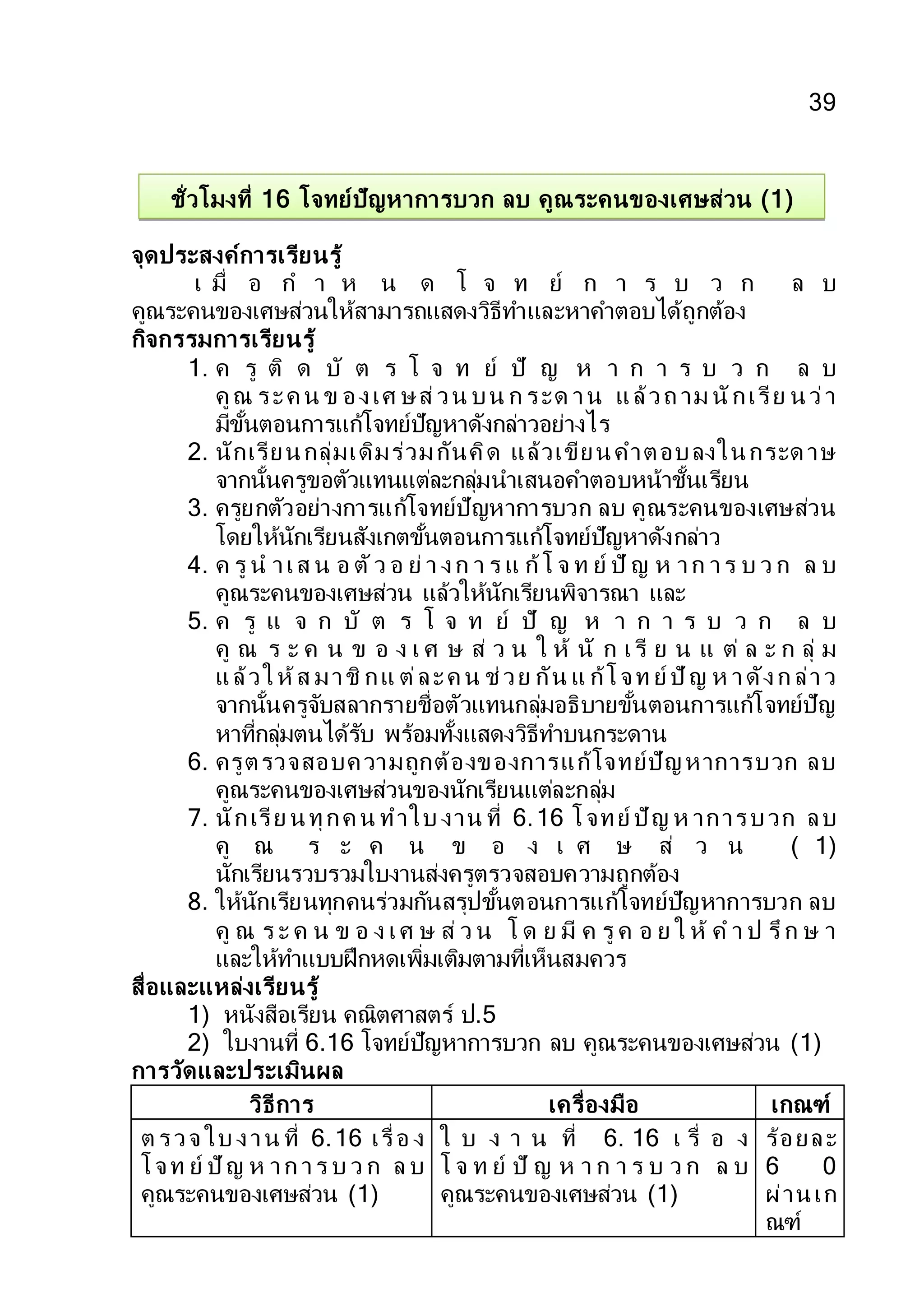 39
ชั่วโมงที่ 16 โจทย์ปัญหาการบวก ลบ คูณระคนของเศษส่วน (1)
จุดประสงค์การเรียนรู้
เ มื่ อ ก า ห น ด โ จ ท ย์ ก า ร บ ว ก ล บ
คูณระคนของเศษส่วนให้สามารถแสดงวิธีทาและหาคาตอบได้ถูกต้อง
กิจกรรมการเรียนรู้
1. ค รู ติ ด บั ต ร โ จ ท ย์ ปั ญ ห า ก า ร บ ว ก ล บ
คูณ ระค น ข องเศ ษส่วน บน ก ระด าน แล้วถ าม นักเรีย นว่า
มีขั้นตอนการแก้โจทย์ปัญหาดังกล่าวอย่างไร
2. นักเรียนกลุ่มเดิมร่วมกันคิด แล้วเขียนคาตอบลงในกระด าษ
จากนั้นครูขอตัวแทนแต่ละกลุ่มนาเสนอคาตอบหน้าชั้นเรียน
3. ครูยกตัวอย่างการแก้โจทย์ปัญหาการบวก ลบ คูณระคนของเศษส่วน
โดยให้นักเรียนสังเกตขั้นตอนการแก้โจทย์ปัญหาดังกล่าว
4. ค รู น าเส น อ ตัว อ ย่ า งก า ร แ ก้โ จ ท ย์ ปั ญ ห าก าร บ ว ก ล บ
คูณระคนของเศษส่วน แล้วให้นักเรียนพิจารณา และ
5. ค รู แ จ ก บั ต ร โ จ ท ย์ ปั ญ ห า ก า ร บ ว ก ล บ
คู ณ ร ะ ค น ข อ ง เ ศ ษ ส่ ว น ใ ห้ นั ก เรี ย น แ ต่ ล ะ ก ลุ่ ม
แล้วให้ส มาชิ กแ ต่ละค น ช่วย กัน แ ก้โจท ย์ ปัญ ห าดังก ล่าว
จากนั้นครูจับสลากรายชื่อตัวแทนกลุ่มอธิบายขั้นตอนการแก้โจทย์ปัญ
หาที่กลุ่มตนได้รับ พร้อมทั้งแสดงวิธีทาบนกระดาน
6. ครูตรวจสอบความถูกต้องของการแก้โจทย์ปัญหาการบวก ลบ
คูณระคนของเศษส่วนของนักเรียนแต่ละกลุ่ม
7. นักเรีย นทุกค น ทาใบ งาน ที่ 6.16 โจทย์ ปัญ ห าการบวก ลบ
คู ณ ร ะ ค น ข อ ง เ ศ ษ ส่ ว น ( 1)
นักเรียนรวบรวมใบงานส่งครูตรวจสอบความถูกต้อง
8. ให้นักเรียนทุกคนร่วมกันสรุปขั้นตอนการแก้โจทย์ปัญหาการบวก ลบ
คู ณ ร ะ ค น ข อ ง เศ ษ ส่ ว น โ ด ย มี ค รู ค อ ย ใ ห้ ค า ป รึก ษ า
และให้ทาแบบฝึกหดเพิ่มเติมตามที่เห็นสมควร
สื่อและแหล่งเรียนรู้
1) หนังสือเรียน คณิตศาสตร์ ป.5
2) ใบงานที่ 6.16 โจทย์ปัญหาการบวก ลบ คูณระคนของเศษส่วน (1)
การวัดและประเมินผล
วิธีการ เครื่องมือ เกณฑ์
ต รวจ ใบ งาน ที่ 6.16 เรื่อ ง
โจท ย์ ปัญ ห าก าร บ ว ก ล บ
คูณระคนของเศษส่วน (1)
ใ บ ง า น ที่ 6. 16 เ รื่ อ ง
โ จ ท ย์ ปั ญ ห า ก า ร บ ว ก ล บ
คูณระคนของเศษส่วน (1)
ร้อยละ
6 0
ผ่านเก
ณฑ์
 