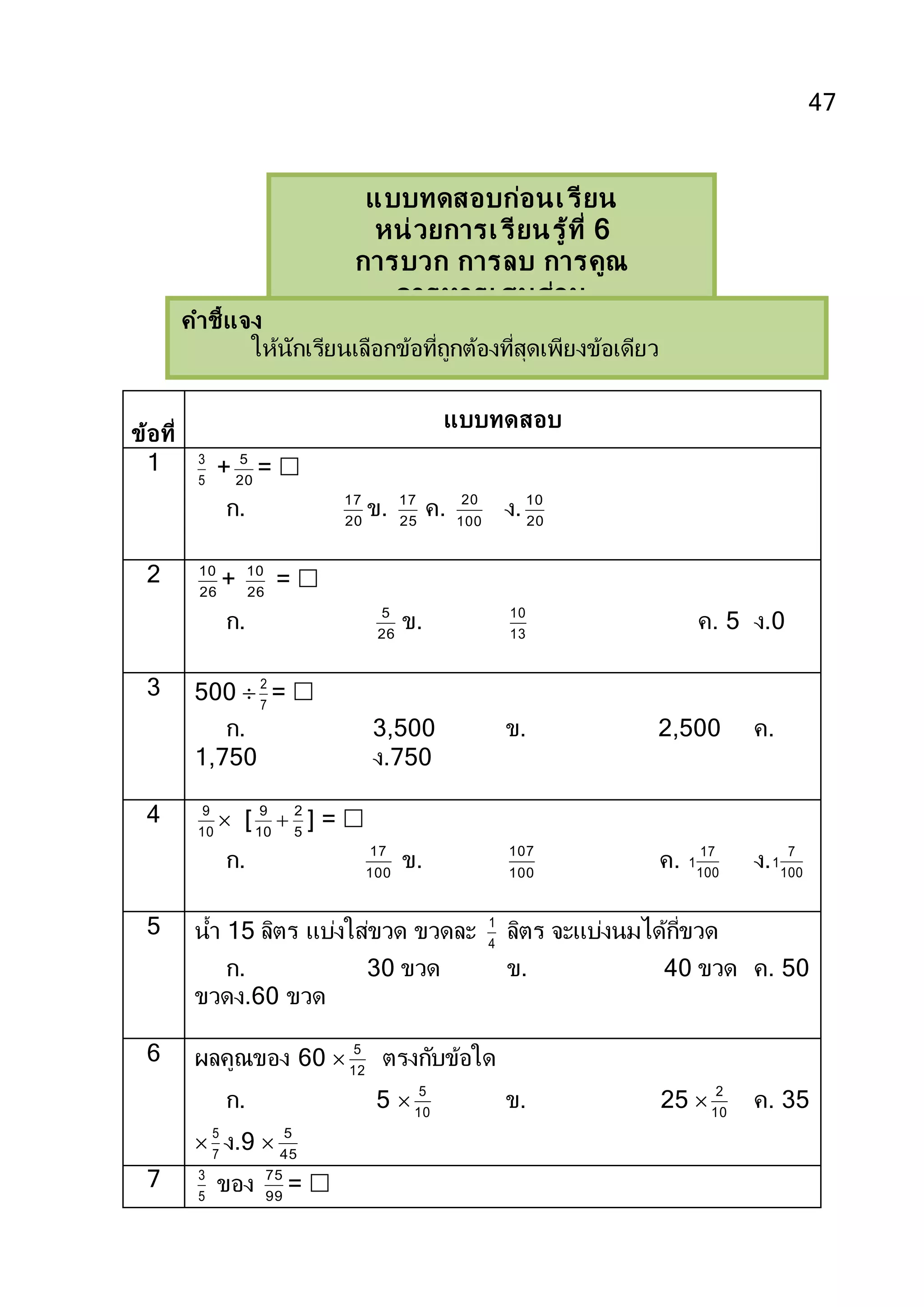 47
ข้อที่
แบบทดสอบ
1
5
3
+ 20
5
= 
ก. 20
17
ข. 25
17
ค. 100
20
ง. 20
10
2
26
10
+ 26
10
= 
ก. 26
5
ข. 13
10
ค. 5 ง.0
3 500  7
2
= 
ก. 3,500 ข. 2,500 ค.
1,750 ง.750
4
10
9
 [ 5
2
10
9
 ] = 
ก. 100
17
ข. 100
107
ค. 100
17
1 ง. 100
7
1
5 น้า 15 ลิตร แบ่งใส่ขวด ขวดละ 4
1
ลิตร จะแบ่งนมได้กี่ขวด
ก. 30 ขวด ข. 40 ขวด ค. 50
ขวดง.60 ขวด
6 ผลคูณของ 60  12
5
ตรงกับข้อใด
ก. 5 10
5
ข. 25 10
2
ค. 35
 7
5
ง.9  45
5
7
5
3
ของ 99
75
= 
แบบทดสอบก่อนเรียน
หน่วยการเรียนรู้ที่ 6
การบวก การลบ การคูณ
การหารเศษส่วน
คาชี้แจง
ให้นักเรียนเลือกข้อที่ถูกต้องที่สุดเพียงข้อเดียว
 