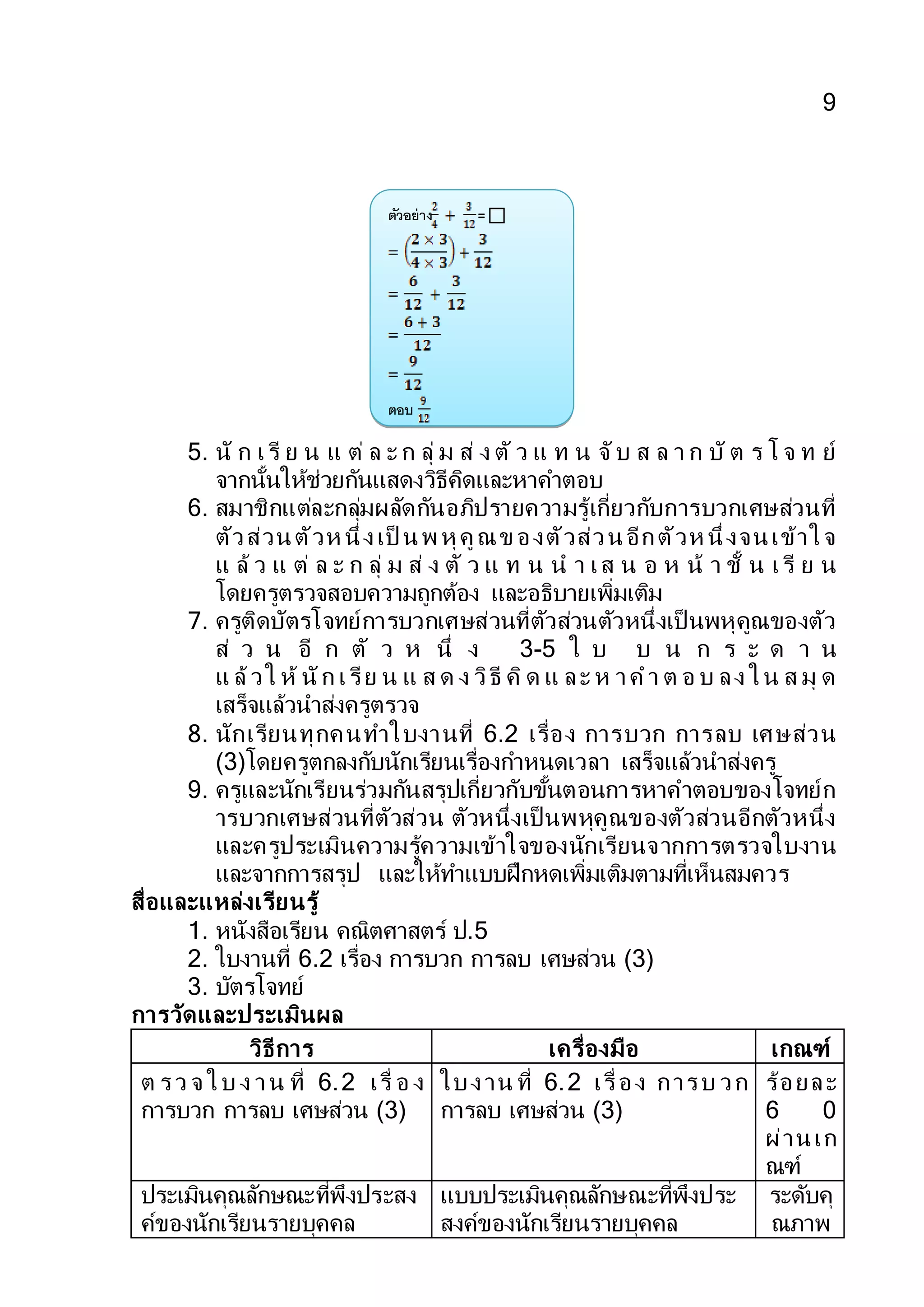 9
5. นั ก เรี ย น แ ต่ ล ะ ก ลุ่ ม ส่ ง ตั ว แ ท น จับ ส ล า ก บั ต ร โ จ ท ย์
จากนั้นให้ช่วยกันแสดงวิธีคิดและหาคาตอบ
6. สมาชิกแต่ละกลุ่มผลัดกันอภิปรายความรู้เกี่ยวกับการบวกเศษส่วนที่
ตัวส่วนตัวห นึ่งเป็ นพ หุคูณข องตัวส่วนอีกตัวห นึ่งจนเข้าใจ
แ ล้ ว แ ต่ ล ะ ก ลุ่ ม ส่ ง ตั ว แ ท น น า เส น อ ห น้ า ชั้ น เรี ย น
โดยครูตรวจสอบความถูกต้อง และอธิบายเพิ่มเติม
7. ครูติดบัตรโจทย์การบวกเศษส่วนที่ตัวส่วนตัวหนึ่งเป็ นพหุคูณของตัว
ส่ ว น อี ก ตั ว ห นึ่ ง 3-5 ใ บ บ น ก ร ะ ด า น
แ ล้วใ ห้ นัก เรีย น แ ส ด ง วิธี คิ ด แ ละ ห าค า ต อ บ ลง ใน ส มุ ด
เสร็จแล้วนาส่งครูตรวจ
8. นักเรียนทุกคนทาใบงานที่ 6.2 เรื่อง การบวก การลบ เศษส่วน
(3)โดยครูตกลงกับนักเรียนเรื่องกาหนดเวลา เสร็จแล้วนาส่งครู
9. ครูและนักเรียนร่วมกันสรุปเกี่ยวกับขั้นตอนการหาคาตอบของโจทย์ก
ารบวกเศษส่วนที่ตัวส่วน ตัวหนึ่งเป็ นพหุคูณของตัวส่วนอีกตัวหนึ่ง
และครูประเมินความรู้ความเข้าใจของนักเรียนจากการตรวจใบงาน
และจากการสรุป และให้ทาแบบฝึกหดเพิ่มเติมตามที่เห็นสมควร
สื่อและแหล่งเรียนรู้
1. หนังสือเรียน คณิตศาสตร์ ป.5
2. ใบงานที่ 6.2 เรื่อง การบวก การลบ เศษส่วน (3)
3. บัตรโจทย์
การวัดและประเมินผล
วิธีการ เครื่องมือ เกณฑ์
ต รว จ ใบ ง าน ที่ 6.2 เรื่ อ ง
การบวก การลบ เศษส่วน (3)
ใบงาน ที่ 6.2 เรื่อง การบ วก
การลบ เศษส่วน (3)
ร้อยละ
6 0
ผ่านเก
ณฑ์
ประเมินคุณลักษณะที่พึงประสง
ค์ของนักเรียนรายบุคคล
แบบประเมินคุณลักษณะที่พึงประ
สงค์ของนักเรียนรายบุคคล
ระดับคุ
ณภาพ
ตัวอย่าง = 
ตอบ
 