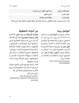 ٢٠٢٢ ‫أﻳﻠﻮل‬ ٣ ‫ﺣﺪاد‬ ‫ﻣﻲ‬ ‫إﻋﺪاد‬
.Day ‫ﻓﺮح‬ ‫ﻣﻮاد‬ ‫ﻟﺤﻔﻆ‬ ‫اﳌﺨﺰن‬ ‫ﻏﺮﻓﺔ‬ ‫ﰲ‬ ‫ﺧﺎﺻﺔ‬ ‫ﻣﺴﺎﺣﺔ‬ ‫اﳌﻠﺘﻘﻰ‬ ‫إدارة‬ ‫ﺧﺼﺼﺖ‬ ‫ﻗﺪ‬ ‫و‬ ،‫ﻫﺬا‬
‫ﺑﻴﻨﻨﺎ‬ ‫اﻟﺘﻮاﺻﻞ‬
‫ﺗــﺎميــﺰ‬ ‫ﻣــﺴﺎ‬ ‫اﻟــﻮاﺗــﺴﺎب‬ ‫ﻏــﺮوﺑــﺎت‬ ‫ﺷــﻜﻠﺖ‬
‫و‬ ( ‫داي‬ ‫ﻓـــــﺮح‬ ‫ﻏـــــﺮوب‬ /٢٠٢١/٢٠٢٢)
‫اﻟـﺘﻮاﺻـﻞ‬ ‫ﰲ‬ ‫ﻓـﻌﺎﻟـﺔ‬ ‫وﺳـﻴﻠﺔ‬ ‫ﻣـﻨﻬﺎ‬ ‫اﻟﺸﺨﴢ‬
‫اﺳـﺘﺨﺪﻣـﻨﺎ‬ ‫ﻛـﺬﻟـﻚ‬ ‫و‬ ،‫أﺛـﻨﺎﺋـﻪ‬ ‫و‬ ‫اﻟـﻠﻘﺎء‬ ‫ﻗـﺒﻞ‬
‫و‬ ‫اﻟــﺼﺒﺎﻳــﺎ‬ ‫اﺳــﺘامرة‬ ‫ﺗــﻮزﻳــﻊ‬ ‫ﰲ‬ ‫ﻣــﻴﻞ‬ ‫اﻹي‬
‫و‬ .‫اﳌــﻠﺘﻘﻰ‬ ‫ﺑــﺪء‬ ‫ﻗــﺒﻞ‬ ‫اﻟﺘﺤﻀريﻳﺔ‬ ‫اﻟﺸــﺒﺎب‬
‫ﻣﻨﱪ‬ ‫اﳌــﻐﻠﻖ‬ ‫ﺑــﻮك‬ ‫اﻟــﻔﻴﺲ‬ ‫ﻏــﺮوب‬ ‫ﻳــﺸﻜﻞ‬
‫و‬ ‫ﻟــﻨﻘﺎﺷــﺎت‬ ‫و‬ ‫أﻓــﻼﻣــﻨﺎ‬ ‫و‬ ‫ﺻــﻮرﻧــﺎ‬ ‫ﻟﺘﺠــﻤﻴﻊ‬
.‫ﺑﻴﻨﻨﺎ‬ ‫إﻋﻼﻧﺎت‬
https://www.facebook.com/groups/
1760718660960983
‫اﻟﺘﺨﻄﻴﻂ‬ ‫أدوات‬ ‫ﻣﻦ‬
‫و‬ ،٢٠٢٢ ‫ﺗـﺎميـﺰ‬ ‫ﻣـﺴﺎ‬ ‫ب‬ ‫اﳌـﺸﺎرﻛـﺔ‬ ‫ﻃـﻠﺒﺎت‬
/(٢٠٢٢ ‫آب‬ ١٨) ‫ـﺔ‬‫ﻳ‬‫ـري‬‫ﻀ‬‫ـ‬‫ﺤ‬‫ـ‬‫ﺘ‬‫ـ‬‫ﻟ‬‫ا‬ ‫ـامرة‬‫ﺘ‬‫إاﻻﺳـــــ‬
‫ﻓـــﻮر‬ ‫اﻟﺘﺤﻀريﻳﺔ‬ ‫اﻻﺳـــﺘامرة‬ ‫ﻣـــﻲ‬ ‫أﻋـــﺪت‬
‫و‬ ‫اﳌـﺸﺎرﻛني‬ ‫و‬ ‫اﳌـﺸﺎرﻛـﺎت‬ ‫أﺳامء‬ ‫اﺳـﺘﻼﻣـﻬﺎ‬
‫ـﺔ‬‫ﻛ‬‫ـﺸﺎر‬‫ﳌ‬‫ا‬ ‫ـﻠﺒﺎت‬‫ﻃ‬ ‫ـﺐ‬‫ﻳ‬‫ـﺒﻮ‬‫ﺗ‬ ‫ـﻜﻞ‬‫ﺷ‬ ‫و‬ .‫ـﻬﻢ‬‫ﺗ‬‫ـﻠﺒﺎ‬‫ﻃ‬
: ‫ﰲ‬ ‫ﻣــﻬﻤﺔ‬ ‫أدوات‬ ‫اﻟﺘﺤﻀريﻳﺔ‬ ‫اﻻﺳــﺘﺒﺎﻧــﺔ‬ ‫و‬
‫ﻋﲆ‬ ‫اﻟـﺒﻨﺎء‬ ‫و‬ ،‫اﻟﺤـﻠﻘﺎت‬ ‫ﺗـﺼﻤﻴﻢ‬ ،‫اﻟﺘﺨـﻄﻴﻂ‬
‫و‬ ‫اﻟﺸــﺒﺎب‬ ‫و‬ ‫اﻟــﺼﺒﺎﻳــﺎ‬ ‫ات‬‫ر‬‫ﻣــﻬﺎ‬ ‫و‬ ‫ﻃــﺎﻗــﺎت‬
‫ـﺒﺪء‬‫ﻟ‬‫ا‬ ‫و‬ ،‫ـﻴﻨﻨﺎ‬‫ﺑ‬ ‫ـﺔ‬‫ﻛ‬‫ا‬‫ﴩ‬‫اﻟ‬ ‫ـﺰ‬‫ﻳ‬‫ـﻌﺰ‬‫ﺗ‬ ،‫ـﻬﻢ‬‫ﺗ‬‫ـﺎ‬‫ﺟ‬‫ـﺘﻴﺎ‬‫ﺣ‬‫ا‬
.‫ﻣﺠﻤﻮﻋﺔ‬ ‫ﺑﻨﺎء‬ ‫ﰲ‬
‫ـﺘامرة‬‫ﺳ‬‫ا‬ ‫ـﺞ‬‫ﺋ‬‫ـﺘﺎ‬‫ﻧ‬ ‫ـﺮ‬‫ﻳ‬‫ـﻘﺮ‬‫ﺗ‬ ‫ـﻊ‬‫ﻳ‬‫ـﺘﻮز‬‫ﺑ‬ ‫ـﻤﻨﺎ‬‫ﻗ‬ ‫و‬ ،‫ـﺬا‬‫ﻫ‬
‫اﻟــﻴﻮم‬ ‫ﰲ‬ ‫اﻟﺘﺤﻀريﻳﺔ‬ ‫اﻟﺸــﺒﺎب‬ ‫و‬ ‫اﻟــﺼﺒﺎﻳــﺎ‬
،‫ﻛﻨﺎ‬ ‫أﻳﻦ‬ ‫ﻣﻘﺎرﻧﺔ‬ ‫ﰲ‬ ‫إﺳﺘﺨﺪاﻣﻬﺎ‬ ‫و‬ ‫اﻷﺧري‬
.‫اﻵن‬ ‫ﻧﺤﻦ‬ ‫أﻳﻦ‬ ‫و‬
https://drive.google.com/
fi
le/d/
196h4jKcbd7MB_-rgPFvjnFA7ZCbfLnZW/view?
usp=sharing
‫اﺑﻊ‬‫ﺮ‬‫اﻟ‬ ‫و‬ ‫اﻟﺜﺎﻟﺚ‬ ‫اﻟﻴﻮم‬
‫اﻟﺘﺪرﻳﺒﺎت‬ ‫ﻣﺒﻨﻰ‬- ‫اﻟﻄﻠﻖ‬ ‫اﻟﻬﻮاء‬ ‫ﺳﺎﺣﺔ‬
‫اﻟﺨﺎﻣﺲ‬ ‫اﻟﻴﻮم‬
‫اﻟﻔﻮﻗﻲ‬ ‫اﻟﺸﺎرع‬
‫اﻟﺴﺎدس‬ ‫اﻟﻴﻮم‬
‫اﳌﻨﺎﻣﺎت‬- ‫اﳌﺪرج‬ ‫ﻣﻨﻄﻘﺔ‬
١١
 