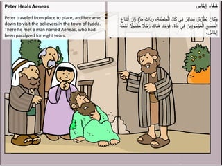 Peter Heals Aeneas
Peter traveled from place to place, and he came
down to visit the believers in the town of Lydda.
There he met a man named Aeneas, who had
been paralyzed for eight years.
‫إيناس‬ ‫شفاء‬
،ِ
‫ة‬َ
‫ق‬َ
‫ط‬ْ‫ن‬ِ
‫م‬ْ‫ل‬‫ا‬ ِ
‫ل‬ُ
‫ك‬ ‫ي‬ِ
‫ف‬ ُ
‫ر‬ِ
‫اف‬ َ
‫س‬ُ
‫ي‬ ُ
‫س‬ُ
‫ر‬ْ
‫ط‬ُ
‫ب‬ َ
‫ان‬َ
‫ك‬َ
‫و‬
َ
‫اع‬َ
‫ب‬ْ‫َت‬‫أ‬ َ
‫ار‬َ
‫ز‬ ٍ
‫ة‬َّ
‫ر‬َ
‫م‬ َ
‫ات‬َ
‫ذ‬َ
‫و‬
َ
‫ة‬َّ
‫د‬ُ
‫ل‬ ‫ي‬ِ
‫ف‬ َ
‫ين‬ِ
‫د‬‫و‬ُ
‫ج‬ْ
‫و‬َ
‫م‬ْ‫ل‬‫ا‬ ِ
‫يح‬ ِ
‫س‬َ
‫م‬ْ‫ل‬‫ا‬
.
َ
‫ن‬ُ
‫ه‬ َ
‫د‬َ
‫ج‬َ
‫و‬َ
‫ف‬
ُ
‫ه‬ُ
‫م‬ ْ
‫اس‬ ‫ا‬
‫ًل‬
‫و‬ُ
‫ل‬ ْ
‫ش‬َ
‫م‬ ‫ا‬
‫ًل‬ُ
‫ج‬َ
‫ر‬ َ
‫اك‬
ُ
‫اس‬َ
‫ين‬ِ
‫إ‬
.
 