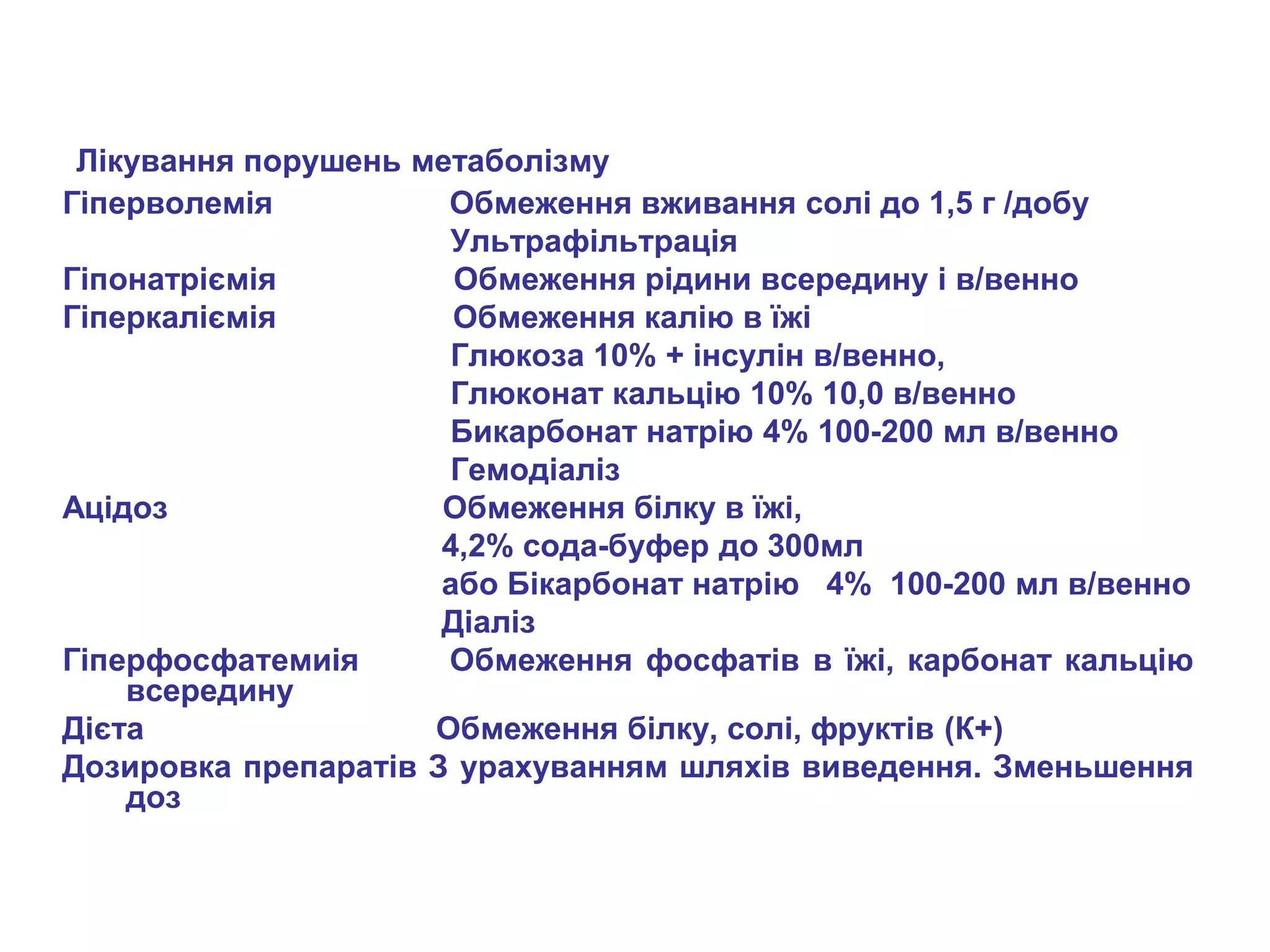 Лікування порушень метаболізму
Гіперволемія Обмеження вживання солі до 1,5 г /добу
Ультрафільтрація
Гіпонатріємія Обмеження рідини всередину і в/венно
Гіперкаліємія Обмеження калію в їжі
Глюкоза 10% + інсулін в/венно,
Глюконат кальцію 10% 10,0 в/венно
Бикарбонат натрію 4% 100-200 мл в/венно
Гемодіаліз
Ацідоз Обмеження білку в їжі,
4,2% сода-буфер до 300мл
або Бікарбонат натрію 4% 100-200 мл в/венно
Діаліз
Гіперфосфатемиія Обмеження фосфатів в їжі, карбонат кальцію
всередину
Дієта Обмеження білку, солі, фруктів (К+)
Дозировка препаратів З урахуванням шляхів виведення. Зменьшення
доз
 