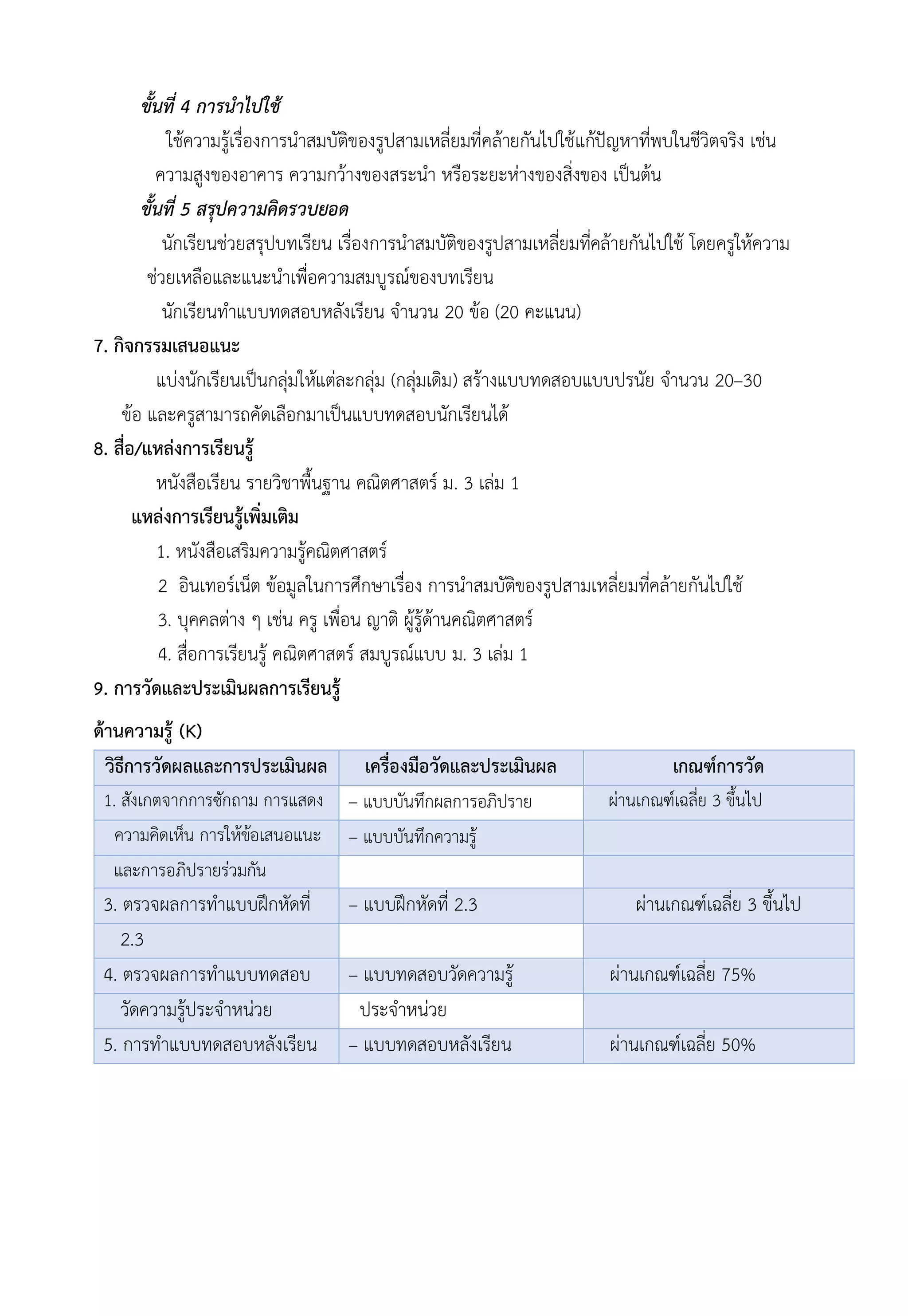 ขั้นที่ 4 การนำไปใช้
ใช้ความรู้เรื่องการนำสมบัติของรูปสามเหลี่ยมที่คล้ายกันไปใช้แก้ปัญหาที่พบในชีวิตจริง เช่น
ความสูงของอาคาร ความกว้างของสระนำ หรือระยะห่างของสิ่งของ เป็นต้น
ขั้นที่ 5 สรุปความคิดรวบยอด
นักเรียนช่วยสรุปบทเรียน เรื่องการนำสมบัติของรูปสามเหลี่ยมที่คล้ายกันไปใช้ โดยครูให้ความ
ช่วยเหลือและแนะนำเพื่อความสมบูรณ์ของบทเรียน
นักเรียนทำแบบทดสอบหลังเรียน จำนวน 20 ข้อ (20 คะแนน)
7. กิจกรรมเสนอแนะ
แบ่งนักเรียนเป็นกลุ่มให้แต่ละกลุ่ม (กลุ่มเดิม) สร้างแบบทดสอบแบบปรนัย จำนวน 20–30
ข้อ และครูสามารถคัดเลือกมาเป็นแบบทดสอบนักเรียนได้
8. สื่อ/แหล่งการเรียนรู้
หนังสือเรียน รายวิชาพื้นฐาน คณิตศาสตร์ ม. 3 เล่ม 1
แหล่งการเรียนรู้เพิ่มเติม
1. หนังสือเสริมความรู้คณิตศาสตร์
2 อินเทอร์เน็ต ข้อมูลในการศึกษาเรื่อง การนำสมบัติของรูปสามเหลี่ยมที่คล้ายกันไปใช้
3. บุคคลต่าง ๆ เช่น ครู เพื่อน ญาติ ผู้รู้ด้านคณิตศาสตร์
4. สื่อการเรียนรู้ คณิตศาสตร์ สมบูรณ์แบบ ม. 3 เล่ม 1
9. การวัดและประเมินผลการเรียนรู้
ด้านความรู้ (K)
วิธีการวัดผลและการประเมินผล เครื่องมือวัดและประเมินผล เกณฑ์การวัด
1. สังเกตจากการซักถาม การแสดง – แบบบันทึกผลการอภิปราย ผ่านเกณฑ์เฉลี่ย 3 ขึ้นไป
ความคิดเห็น การให้ข้อเสนอแนะ – แบบบันทึกความรู้
และการอภิปรายร่วมกัน
3. ตรวจผลการทำแบบฝึกหัดที่ – แบบฝึกหัดที่ 2.3 ผ่านเกณฑ์เฉลี่ย 3 ขึ้นไป
2.3
4. ตรวจผลการทำแบบทดสอบ – แบบทดสอบวัดความรู้ ผ่านเกณฑ์เฉลี่ย 75%
วัดความรู้ประจำหน่วย ประจำหน่วย
5. การทำแบบทดสอบหลังเรียน – แบบทดสอบหลังเรียน ผ่านเกณฑ์เฉลี่ย 50%
 