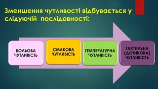 Зменшення чутливості відбувається у
слідуючій послідовності:
БОЛЬОВА
ЧУТЛИВІСТЬ
СМАКОВА
ЧУТЛИВІСТЬ
ТЕМПЕРАТУРНА
ЧУТЛИВІСТЬ
ТАКТИЛЬНА
(ДОТИКОВА)
ЧУТЛИВІСТЬ
 