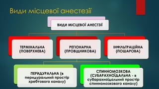 Види місцевої анестезії
ВИДИ МІСЦЕВОЇ АНЕСТЗІЇ
ТЕРМІНАЛЬНА
(ПОВЕРХНЕВА)
РЕГІОНАРНА
(ПРОВІДНИКОВА)
ПЕРИДУРАЛЬНА (в
перидуральний простір
хребтового каналу)
СПИННОМОЗКОВА
(СУБАРАХНОЇДАЛЬНА - в
субарахноїдальний простір
спинномозкового каналу)
ІНФІЛЬТРАЦІЙНА
(ПОШАРОВА)
 