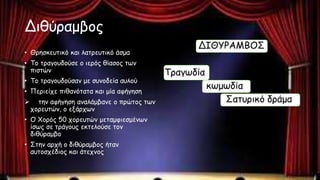 Διθύραμβος
• Θρησκευτικό και λατρευτικό άσμα
• Το τραγουδούσε ο ιερός θίασος των
πιστών
• Το τραγουδούσαν με συνοδεία αυλού
• Περιείχε πιθανότατα και μία αφήγηση
 την αφήγηση αναλάμβανε ο πρώτος των
χορευτών, ο εξάρχων
• Ο Χορός 50 χορευτών μεταμφιεσμένων
ίσως σε τράγους εκτελούσε τον
διθύραμβο
• Στην αρχή ο διθύραμβος ήταν
αυτοσχέδιος και άτεχνος
ΔΙΘΥΡΑΜΒΟΣ
Τραγωδία
κωμωδία
Σατυρικό δράμα
 