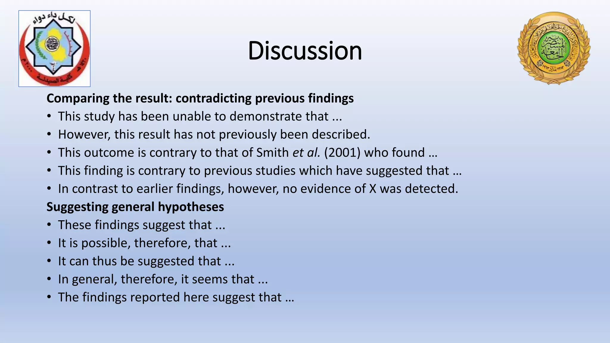 Discussion
Comparing the result: contradicting previous findings
• This study has been unable to demonstrate that ...
• However, this result has not previously been described.
• This outcome is contrary to that of Smith et al. (2001) who found …
• This finding is contrary to previous studies which have suggested that …
• In contrast to earlier findings, however, no evidence of X was detected.
Suggesting general hypotheses
• These findings suggest that ...
• It is possible, therefore, that ...
• It can thus be suggested that ...
• In general, therefore, it seems that ...
• The findings reported here suggest that …
 