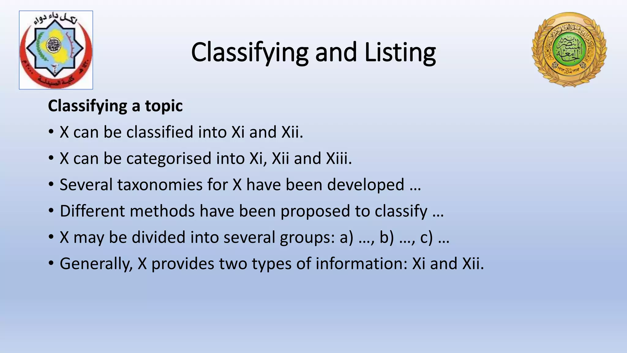 Classifying and Listing
Classifying a topic
• X can be classified into Xi and Xii.
• X can be categorised into Xi, Xii and Xiii.
• Several taxonomies for X have been developed …
• Different methods have been proposed to classify …
• X may be divided into several groups: a) …, b) …, c) …
• Generally, X provides two types of information: Xi and Xii.
 