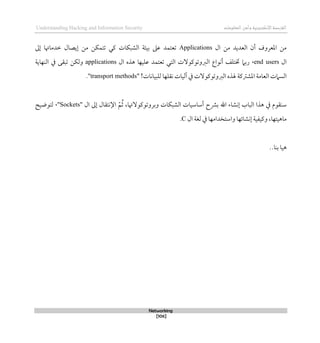 ‫اإللكتروني‬‫القرصنة‬
‫ة‬
‫المعلومات‬‫وأمن‬
Understanding Hacking and Information Security
Networking
[106]
‫ال‬ ‫من‬ ‫العديد‬ ‫أن‬ ‫املعروف‬ ‫من‬
Applications
‫عىل‬ ‫تعتمد‬
‫تتمكن‬ ‫كي‬ ‫الشبكات‬ ‫بيئة‬
‫من‬
‫لىل‬ ‫طدماهتا‬ ‫ليصال‬
‫ال‬
end users
،
‫ال‬ ‫ذذه‬ ‫عليها‬ ‫تعتمد‬ ‫التي‬ ‫الربوتوكوالت‬ ‫أنواع‬ ‫ختتلف‬ ‫ربام‬
applications
‫ولكن‬
‫ت‬
‫النهاية‬ ‫يف‬ ‫بقى‬
‫ال‬
‫سامت‬
‫العام‬
‫ة‬
‫املشرتك‬
‫ة‬
‫يف‬ ‫الربوتوكوالت‬ ‫هلذه‬
!‫للبيانات‬ ‫نقلها‬ ‫آليات‬
"
transport methods
."
‫ال‬ ‫أساسيات‬ ‫برشح‬ ‫اهلل‬ ‫لنشاء‬ ‫الباب‬ ‫ذذا‬ ‫يف‬ ‫سنقوم‬
‫ال‬ ‫لىل‬ ‫اإلنتقال‬ ّ‫م‬ُ‫ث‬ ،‫وبروتوكوالهتا‬ ‫شبكات‬
"
Sockets
،"
‫لتوضيح‬
‫و‬ ،‫ماذيتها‬
‫ال‬ ‫لغة‬ ‫يف‬ ‫واستخدامها‬ ‫لنشائها‬ ‫كيفية‬
C
.
..‫بنا‬ ‫ذيا‬
 