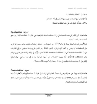 ‫اإل‬‫القرصنة‬
‫لكتروني‬
‫ة‬
‫المعلومات‬‫وأمن‬
Understanding Hacking and Information Security
Networking
[108]
‫ال‬ ‫ذذا‬ ‫ما‬
“Service Block”
‫؟‬..
.‫طدماهتا‬ ‫أداء‬ ‫يف‬ ‫البعض‬ ‫بعضها‬ ‫عىل‬ ‫الطبقات‬ ‫بني‬ ‫اإلعتامدية‬ ُ‫ه‬‫لن‬
:‫ة‬َ‫ع‬‫ب‬ َ‫الس‬ ‫قات‬َ‫ب‬َ‫ط‬‫ال‬ ‫ه‬‫ذ‬َ‫ذ‬ ‫ن‬َ‫ع‬ ‫عامة‬ ‫كرة‬‫ق‬ ‫ذ‬ ُ
‫نأط‬ َ
‫س‬ ..‫واآلن‬
Application Layer
‫لل‬ ‫َظهر‬‫ت‬ ‫التي‬ ‫الطبقة‬ ‫ذذه‬
end user
‫ال‬ ‫يف‬ ‫وتتمثل‬
Applications
‫بأنو‬
‫ال‬ َ
‫َرب‬‫ت‬‫ُع‬‫ت‬ ‫قهي‬ ،‫اعها‬
Interface
‫مجيع‬ ‫وبني‬ ُ‫ه‬‫ين‬َ‫ب‬
‫ختلف‬ُ‫مل‬‫ا‬ ‫الشبكات‬ ‫تعلقات‬ُ‫م‬
‫ة‬
.
‫ال‬ ‫بروتوكول‬ ‫الطبقة‬ ‫ذذه‬ ‫يف‬ ‫يعمل‬ ً‫ال‬‫قمث‬
HTTP
‫الو‬ ‫صفحات‬ ‫عرض‬ ‫طلبات‬ ‫واستقبال‬ ‫لرسال‬ ‫عن‬ ‫املسؤول‬ ‫وذو‬
‫ب‬
‫الشهري‬ ‫الربوتوكول‬ ً‫ا‬‫أيض‬ ‫ِبا‬ ‫يعمل‬ ‫كام‬ ،‫تصفحك‬ُ‫م‬ ‫عىل‬
DNS
‫م‬ ‫عناوين‬ ‫برتمجة‬ ‫يقوم‬ ‫الذي‬ ‫وذو‬
‫االنرتنت‬ ‫واقع‬
‫ال‬ ‫من‬
"
human-readable
"
‫ال‬ ‫اىل‬
"
32-bit Network Address
،"
‫املواقع‬ ‫عناوين‬ ‫مجيع‬ ‫بياناته‬ ‫قواعد‬ ‫يف‬ ‫ن‬ ِّ‫َز‬ ُ
‫خي‬ ‫حيث‬
‫وال‬
IP Addresses
‫ر‬‫ناظ‬ُ‫مل‬‫ا‬
‫ة‬
‫بطريقة‬ ‫ا‬ َ‫هل‬
"
‫مية‬ َ‫ر‬َ‫ذ‬
"
‫عدة‬ ‫يف‬ ‫موزعة‬ ‫ضخمة‬ ‫أجهزة‬ ‫ويف‬ ،
‫مواضع‬
.‫العامل‬ ‫حول‬
‫ال‬ ‫عىل‬ ‫ق‬َ‫ل‬‫ط‬ُ‫ي‬
packet information
‫ذ‬ ‫يف‬
‫ال‬ ‫ذه‬
Layer
‫بال‬
“Data or Message”
.
Presentation Layer
‫ال‬ ‫عرض‬ ‫عملية‬ ‫عن‬ ‫مسؤولة‬ ‫الطبقة‬ ‫ذذه‬
Data
‫ال‬ ‫طبقة‬ ‫لىل‬ ‫قرائتها‬ ‫يمكن‬ ‫بلغة‬
Application
،
‫الكفاءة‬ ‫عطيها‬ُ‫ي‬ ‫ا‬‫ُم‬
‫ال‬ ‫تشفري‬ ‫قك‬ ‫أو‬ ‫تشفري‬‫ل‬
Data
،
‫تستطي‬ ‫أهنا‬ ‫لال‬ ،‫وقكه‬ ‫التشفري‬ ‫عمل‬ ‫ُها‬‫ن‬‫مك‬ُ‫ي‬ ‫التي‬ ‫الوحيدة‬ ‫الطبقة‬ ‫ت‬ َ‫ليس‬
‫بذلك‬ ‫القيام‬ ‫ع‬
‫ال‬ ‫ملتطلبات‬ ً‫ا‬‫تبع‬
Applications
.
 
