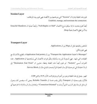 ‫اإل‬‫القرصنة‬
‫لكتروني‬
‫ة‬
‫المعلومات‬‫وأمن‬
Understanding Hacking and Information Security
Networking
[109]
Session Layer
‫ال‬ ‫بإدارة‬ ‫الطبقة‬ ‫ذذه‬ ‫تقوم‬
"
Session
"
:‫الوظائف‬ ‫ِبذه‬ ‫تقوم‬ ‫قهي‬ ،‫األنظمة‬ ‫بني‬ ‫قتحها‬ ‫يتم‬ ‫التي‬
Establish, manage, and terminate the connection.
‫االتصال‬ ‫نوع‬ ‫سيكون‬ ‫لذا‬ ‫ما‬ ‫بتحديد‬ ‫تقوم‬ ً‫ا‬‫أيض‬
"
Full-Duplex or Half
."
‫ال‬ ‫عملية‬ ً‫ا‬‫وأيض‬
Graceful Shutdown
‫قجأ‬ ‫االتصال‬ ‫قطع‬ ‫من‬ ً‫ال‬‫بد‬
‫ة‬
Drop
.
Transport Layer
‫ال‬ ‫بنقل‬ ‫وظيفتها‬ ‫تتلخص‬
Msgs
‫ال‬ ‫بني‬
Applications
.
:‫باآليت‬ ‫تقوم‬ ‫قهي‬
"
Transport the Application Layer’s Messages
"
‫ال‬ ‫بني‬
(Application End points)
،
‫مع‬ ‫باالشرتاك‬ ‫بالطبع‬
‫ال‬ ‫مها‬‫َخد‬‫ت‬‫س‬َ‫ي‬ ‫التي‬ ‫االتصال‬ ‫قنوات‬ ‫ق‬‫وغل‬ ‫ة‬َ‫ع‬َ‫ب‬‫تا‬ُ‫م‬‫و‬ ‫دء‬‫ب‬ ‫ن‬َ‫ع‬ ‫املسؤولة‬ َ‫ي‬‫قه‬ ..‫تليها‬ ‫التي‬ ‫الطبقات‬
Application
‫ذذه‬ ..
‫ُسمى‬‫ت‬ ‫القنوات‬
"
Sockets
"
.
‫ال‬ ‫عناوين‬ ‫بإعطاء‬ ‫الطبقة‬ ‫ذذه‬ ً‫ا‬‫أيض‬ ‫تقوم‬ ‫ثم‬
"
Destination End Point
"
‫لىل‬
‫ال‬
(
Layer 3
)
‫كام‬ ‫الفعلية‬ ‫اإلرسال‬ ‫عملية‬ ‫تتم‬ ‫كي‬
‫ال‬ ‫مثال‬ ‫يف‬ ‫لك‬ ‫أوضحت‬
Service Block
.
‫األول‬ ،‫الربوتوكوالت‬ ‫أذم‬ ‫من‬ ‫نوعني‬ ‫الطبقة‬ ‫ذذه‬ ‫يف‬ ‫يعمل‬ ..‫املهم‬
TCP
‫والثاين‬
UDP
.
‫قاألول‬
‫ال‬ ‫بعملية‬ ‫يقوم‬
Transport
‫ال‬ ‫طدمة‬ ‫يقدم‬ ‫ولكن‬
Reliable Transfer
‫وصول‬ ‫لك‬ ‫سيضمن‬ ‫أنه‬ ‫بمعنى‬
‫به‬ ‫لت‬‫رس‬ُ‫أ‬ ‫الذي‬ ‫الرتتيب‬ ‫وقق‬ ‫املرسلة‬ ‫الرسائل‬
“Connection Oriented”
،
‫أي‬ ‫اعرتضها‬ ‫ما‬ ‫لذا‬ ‫الرسالة‬ ‫لرسال‬ ‫ولعادة‬
 