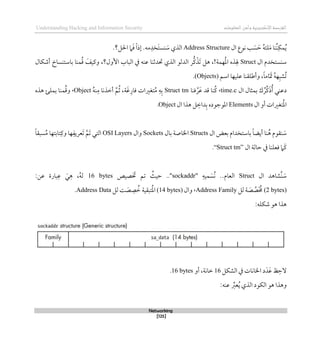 ‫اإل‬‫القرصنة‬
‫لكتروني‬
‫ة‬
‫المعلومات‬‫وأمن‬
Understanding Hacking and Information Security
Networking
[125]
‫ال‬ ‫نوع‬ ‫ب‬ َ‫س‬ َ‫ح‬ ُ‫ه‬‫لئ‬َ‫م‬ ‫ُنا‬‫ن‬‫مك‬ُ‫ي‬
Address Structure
‫مه‬‫َخد‬‫ت‬‫نس‬ َ
‫س‬ ‫الذي‬
‫احلل؟‬ ‫ام‬َ‫ق‬ ً‫ا‬‫لذ‬ .
.
‫ال‬ ‫سنستخدم‬
Struct
‫الدلو‬ ‫ُّر‬‫ك‬‫َذ‬‫ت‬ ‫ذل‬ ،!‫همة‬ُ‫مل‬‫ا‬ ‫ذه‬‫هل‬
‫األول‬ ‫الباب‬ ‫يف‬ ‫عنه‬ ‫حتدثنا‬ ‫الذي‬
‫؟‬
،
‫وكي‬
‫أشكال‬ ‫باستنساخ‬ ‫منا‬ُ‫ق‬ َ
‫ف‬
ً‫ا‬‫ام‬َ َ‫مت‬ ُ‫ه‬‫ه‬‫ُشب‬‫ت‬
‫اسم‬ ‫عليها‬ ‫وأطلقنا‬ ،
(Objects)
.
‫ال‬ ‫بمثال‬ ‫ك‬ ُ‫ِّر‬‫ك‬َ‫ذ‬ُ‫أ‬ ‫دعني‬
time.c
،
‫قنا‬‫ر‬َ‫ع‬ ‫قد‬ ‫ُنا‬‫ك‬
Struct tm
َ‫غ‬‫قار‬ ‫تغريات‬ُ‫م‬ ‫ه‬‫ب‬
‫ة‬
ُ‫ه‬‫ن‬‫م‬ ‫أطذنا‬ ‫م‬ُ‫ث‬ ،
Object
،
‫ذذه‬ ‫بملئ‬ ‫منا‬ُ‫ق‬‫و‬
‫ال‬ ‫أو‬ ‫تغريات‬ُ‫مل‬‫ا‬
Elements
‫ال‬ ‫ذذا‬ ‫ل‬‫داط‬‫ب‬ ‫املوجوده‬
Object
.
‫ال‬ ‫بعض‬ ‫باستخدام‬ ً‫ا‬‫أيض‬ ‫نا‬ُ‫ذ‬ ‫نقوم‬ َ
‫س‬
Structs
‫بال‬ ‫اخلاصة‬
Sockets
‫وال‬
OSI Layers
ً‫ا‬‫سبق‬ُ‫م‬ ‫تابتها‬‫وك‬ ‫ها‬‫َعريف‬‫ت‬ ‫َم‬‫ت‬ ‫التي‬
‫ال‬ ‫حالة‬ ‫يف‬ ‫قعلنا‬ ‫َام‬‫ك‬
“Struct tm”
.
َ
‫س‬
ُ‫ن‬
‫ال‬ ‫شاذد‬
Struct
‫العام‬
..
‫ميه‬ َ‫ُس‬‫ن‬
"
sockaddr
"
..
‫صيص‬ َ
‫خت‬ ‫تم‬ ُ
‫حيث‬
16 bytes
ُ‫ه‬‫ل‬
،
‫عن‬ ‫بارة‬‫ع‬ َ‫ي‬‫ذ‬
:
(
2 bytes
)
‫لل‬ ‫ة‬ َ
‫ص‬‫ص‬َ ُ
‫ُم‬
Address Family
،
‫وال‬
(
14 bytes
)
‫لل‬ ‫ت‬ َ
‫ص‬‫ص‬ ُ
‫ط‬ ‫تبقية‬ُ‫مل‬‫ا‬
Address Data
.
:‫شكله‬ ‫ذو‬ ‫ذذا‬
‫الشكل‬ ‫يف‬ ‫اخلانات‬ ‫د‬َ‫د‬َ‫ع‬ ‫ظ‬‫الح‬
16
‫طان‬
‫ة‬
‫أو‬ ،
16 bytes
.
‫وذذا‬
‫ذو‬
:‫عنه‬ ِّ
‫عرب‬ُ‫ي‬ ‫الذي‬ ‫الكود‬
 
