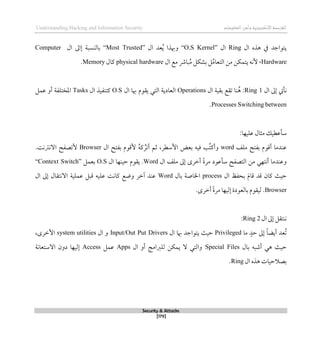 ‫اإل‬‫القرصنة‬
‫لكتروني‬
‫ة‬
‫المعلومات‬‫وأمن‬
Understanding Hacking and Information Security
Security & Attacks
[179]
‫ال‬ ‫ذذه‬ ‫يف‬ ‫يتواجد‬
Ring
‫ا‬
‫ل‬
“O.S Kernel”
‫ال‬ ‫عد‬ُ‫ي‬ ‫وِبذا‬
“Most Trusted”
‫بالنسبة‬
‫ال‬ ‫لاىل‬
Computer
Hardware
،
‫ال‬ ‫مع‬ ‫بارش‬ُ‫م‬ ‫بشكل‬ ‫ل‬ُ‫م‬‫التعا‬ ‫من‬ ‫يتمكن‬ ‫ألنه‬
physical hardware
‫كا‬
‫ل‬
Memory
.
‫ال‬ ‫لىل‬ ‫نأيت‬
Ring 1
:
‫ال‬ ‫بقية‬ ‫تقع‬ ‫نا‬ُ‫ذ‬
Operations
‫ال‬ ‫ِبا‬ ‫يقوم‬ ‫التي‬ ‫العادية‬
O.S
‫ال‬ ‫كتنفيذ‬
Tasks
‫أو‬ ‫املختلفة‬
‫عمل‬
Switching between
Processes
.
:‫عليها‬ ‫مثال‬ ‫سأعطيك‬
‫ملف‬ ‫بفتح‬ ‫أقوم‬ ‫عندما‬
word
‫ال‬ ‫بفتح‬ ‫ألقوم‬ ُ‫ه‬‫ك‬ ُ‫أتر‬ ‫ثم‬ ،‫األسطر‬ ‫بعض‬ ‫قيه‬ ‫ُب‬‫ت‬‫وأك‬
Browser
.‫االنرتنت‬ ‫ألتصفح‬
‫م‬ ‫أنتهي‬ ‫وعندما‬
‫ال‬ ‫ملف‬ ‫لىل‬ ‫أطرى‬ ً‫ة‬‫مر‬ ‫سأعود‬ ‫التصفح‬ ‫ن‬
Word
.
‫ال‬ ‫حينها‬ ‫يقوم‬
O.S
‫بعمل‬
“Context Switch”
‫ال‬ ‫بحفظ‬ َ‫م‬‫قا‬ ‫قد‬ ‫كان‬ ‫حيث‬
process
‫بال‬ ‫اخلاصة‬
Word
‫ال‬ ‫لىل‬ ‫االنتقال‬ ‫عملية‬ ‫قبل‬ ‫عليه‬ ‫كانت‬ ‫وضع‬ ‫آطر‬ ‫عند‬
Browser
.
‫أطرى‬ ً‫ة‬‫مر‬ ‫لليها‬ ‫بالعودة‬ ‫ليقوم‬
.
‫ال‬ ‫لىل‬ ‫ننتقل‬
Ring 2
:
‫ح‬ ‫لىل‬ ً‫ا‬‫أيض‬ ‫ُعد‬‫ت‬
‫ما‬ ٍ‫د‬
Privileged
‫ال‬ ‫ِبا‬ ‫يتواجد‬ ‫حيث‬
Input/Out Put Drivers
‫ال‬ ‫و‬
system utilities
،‫األطرى‬
‫بال‬ ‫أشبه‬ ‫ذي‬ ‫حيث‬
Special Files
‫ال‬ ‫أو‬ ‫للربامج‬ ‫يمكن‬ ‫ال‬ ‫والتي‬
Apps
‫عمل‬
Access
‫االستعان‬ ‫دون‬ ‫لليها‬
‫ة‬
‫ال‬ ‫ذذه‬ ‫بصالحيات‬
Ring
.
 